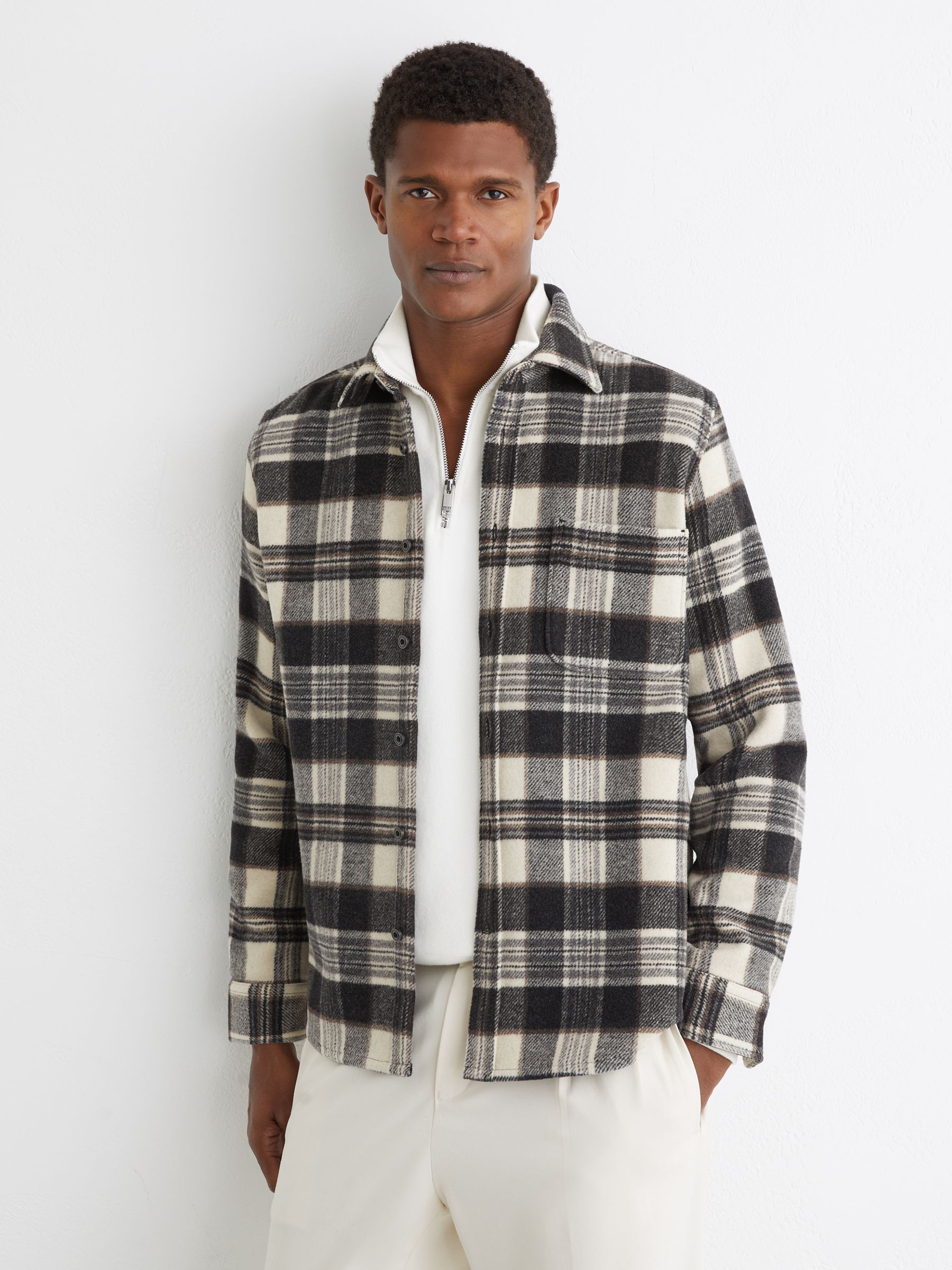 Wool-Blend Check Overshirt in Charcoal Grey - Image 1 of 7