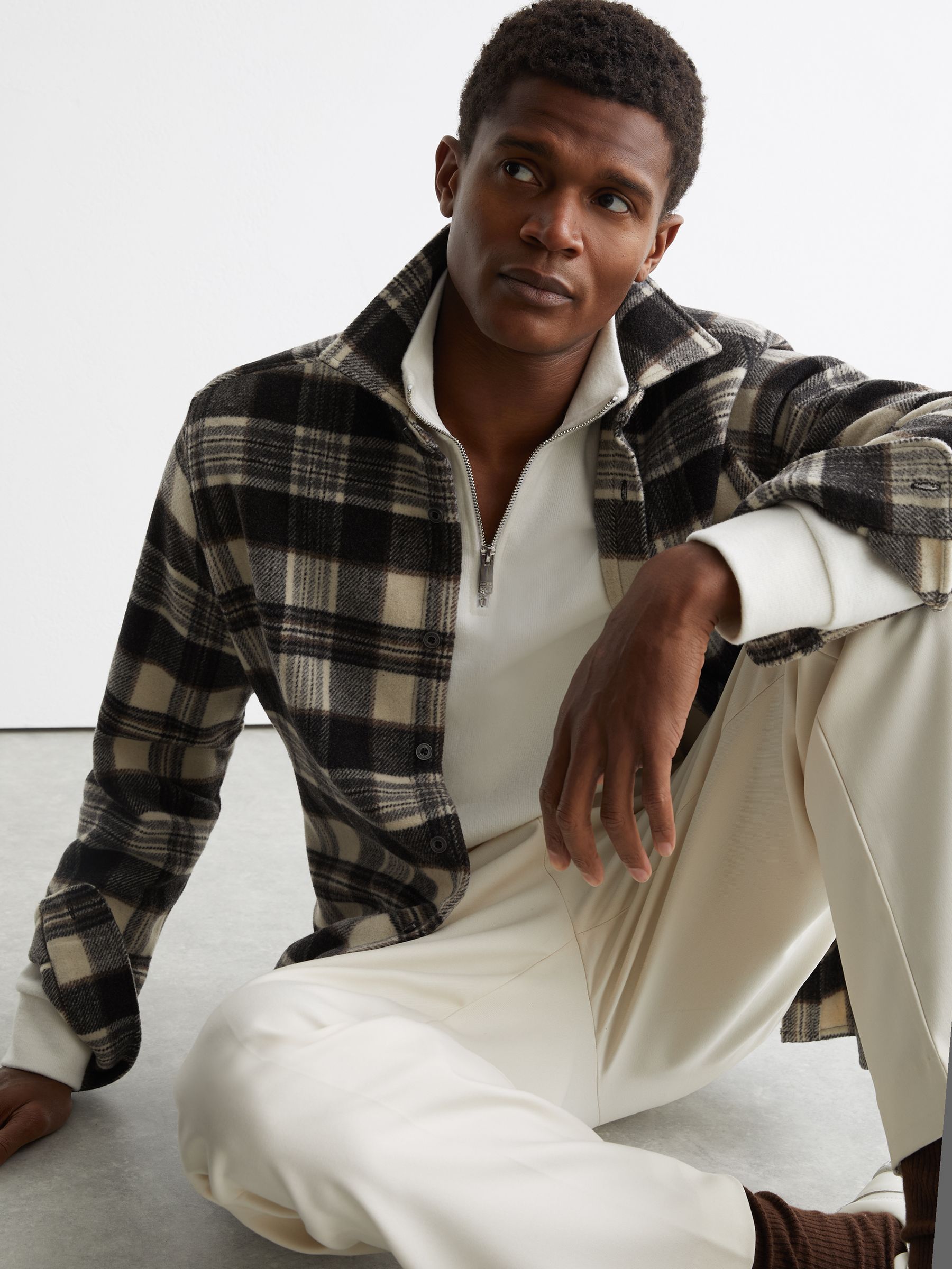 Wool-Blend Check Overshirt in Charcoal Grey - Image 4 of 7