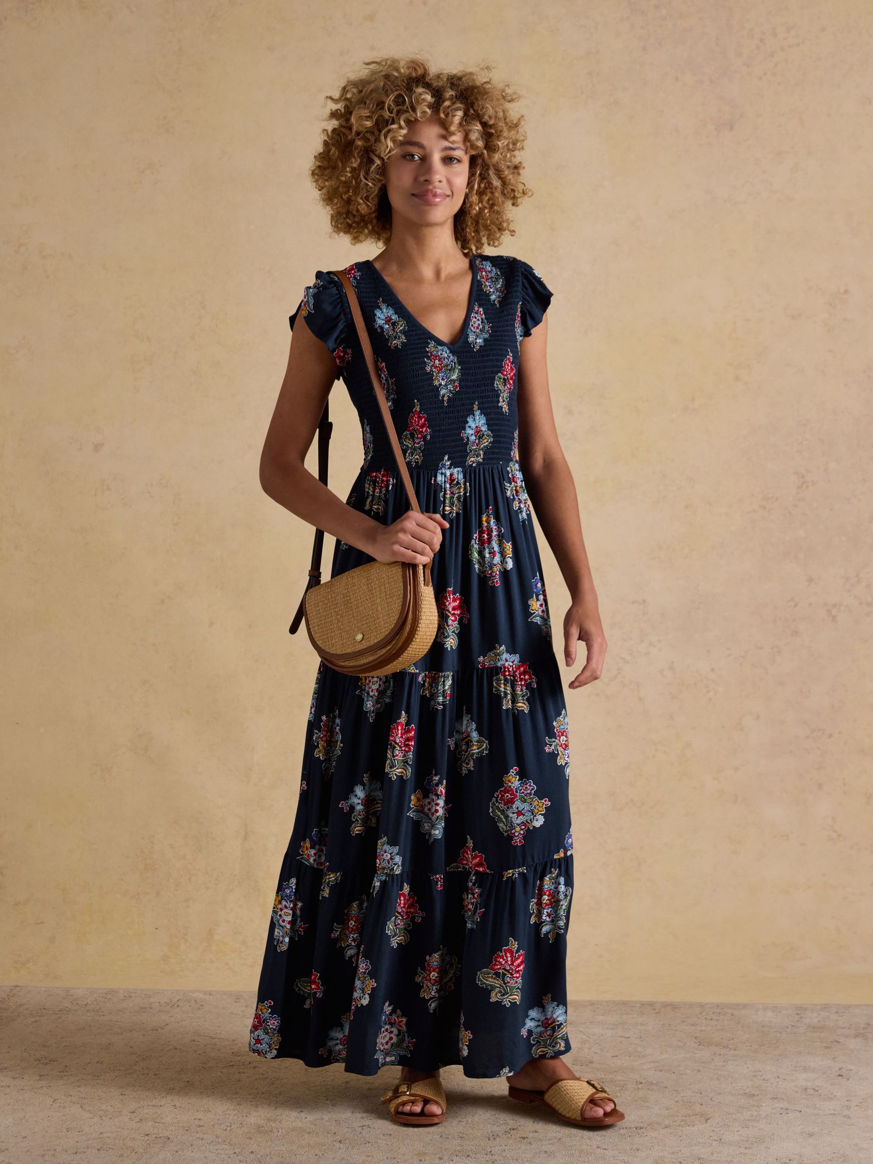 Esme Navy Floral Shirred Maxi Dress - Image 1 of 7