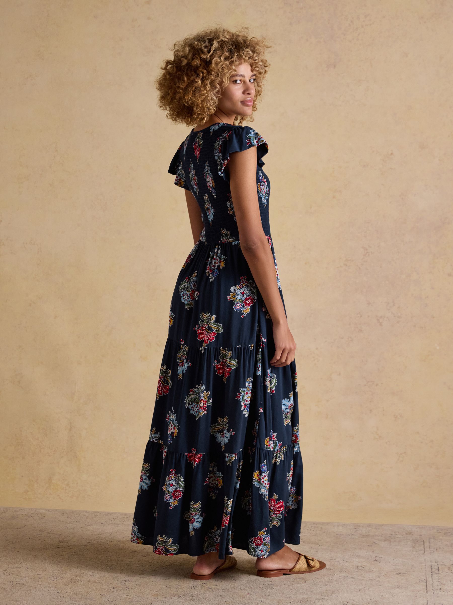 Esme Navy Floral Shirred Maxi Dress - Image 2 of 7