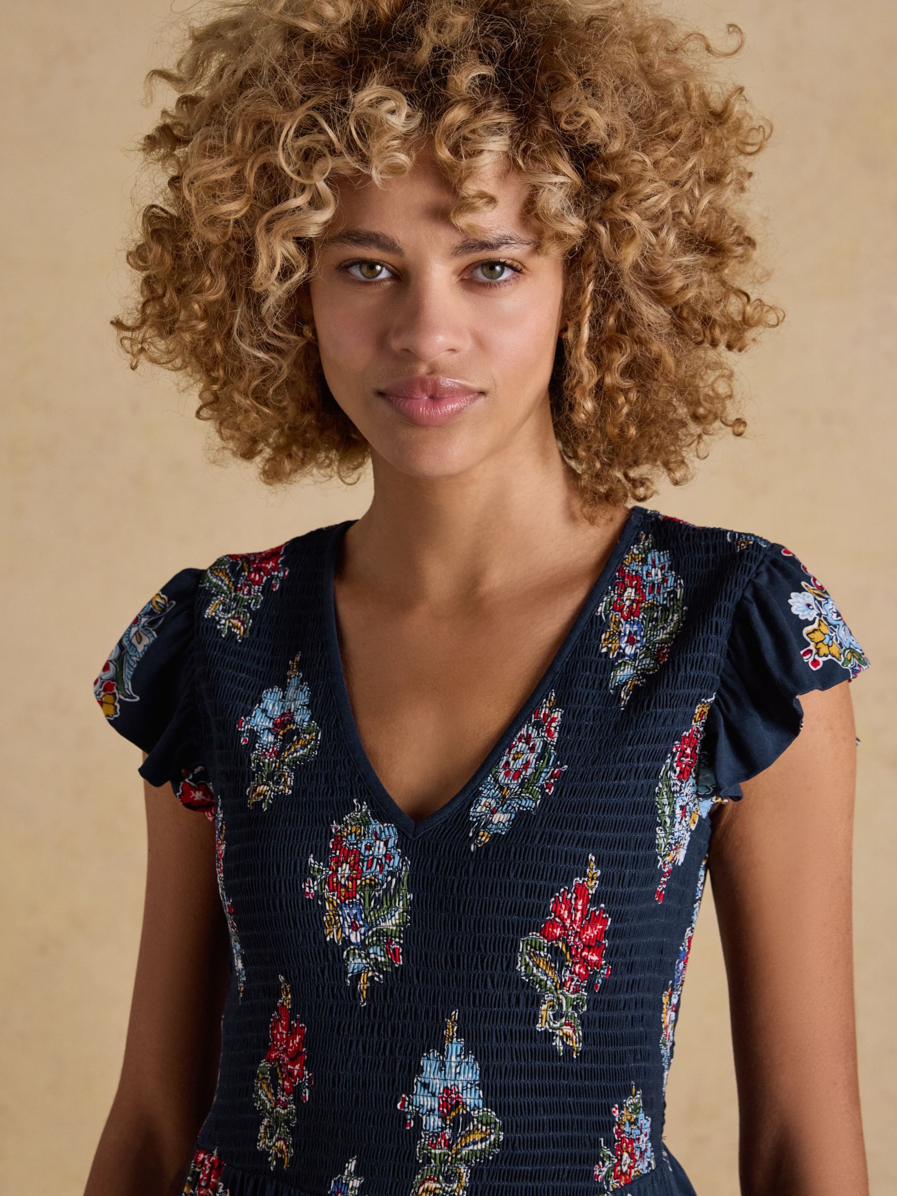 Esme Navy Floral Shirred Maxi Dress - Image 3 of 7