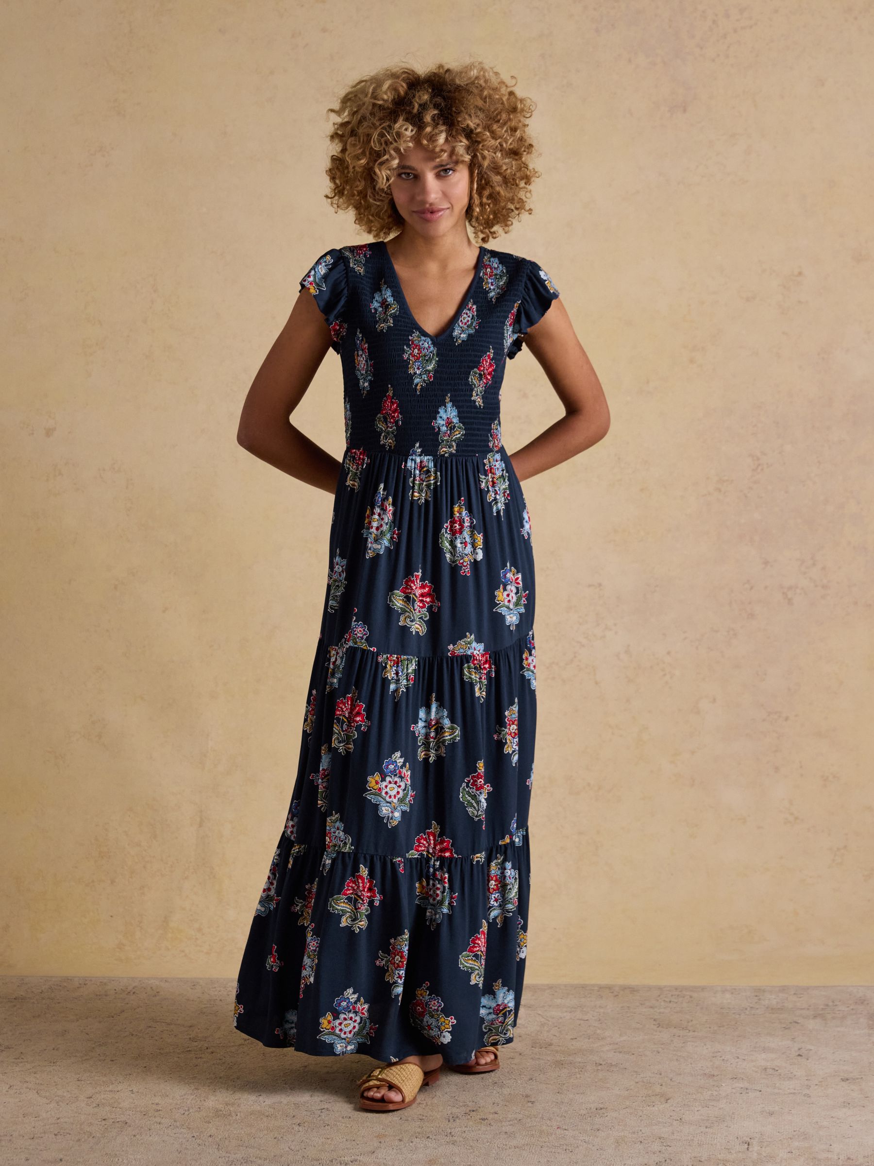 Esme Navy Floral Shirred Maxi Dress - Image 5 of 7