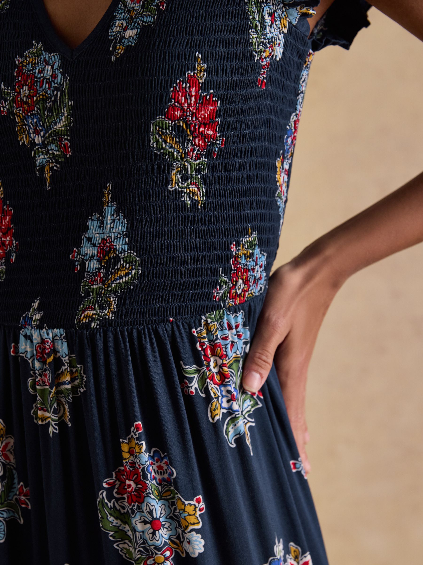 Esme Navy Floral Shirred Maxi Dress - Image 6 of 7