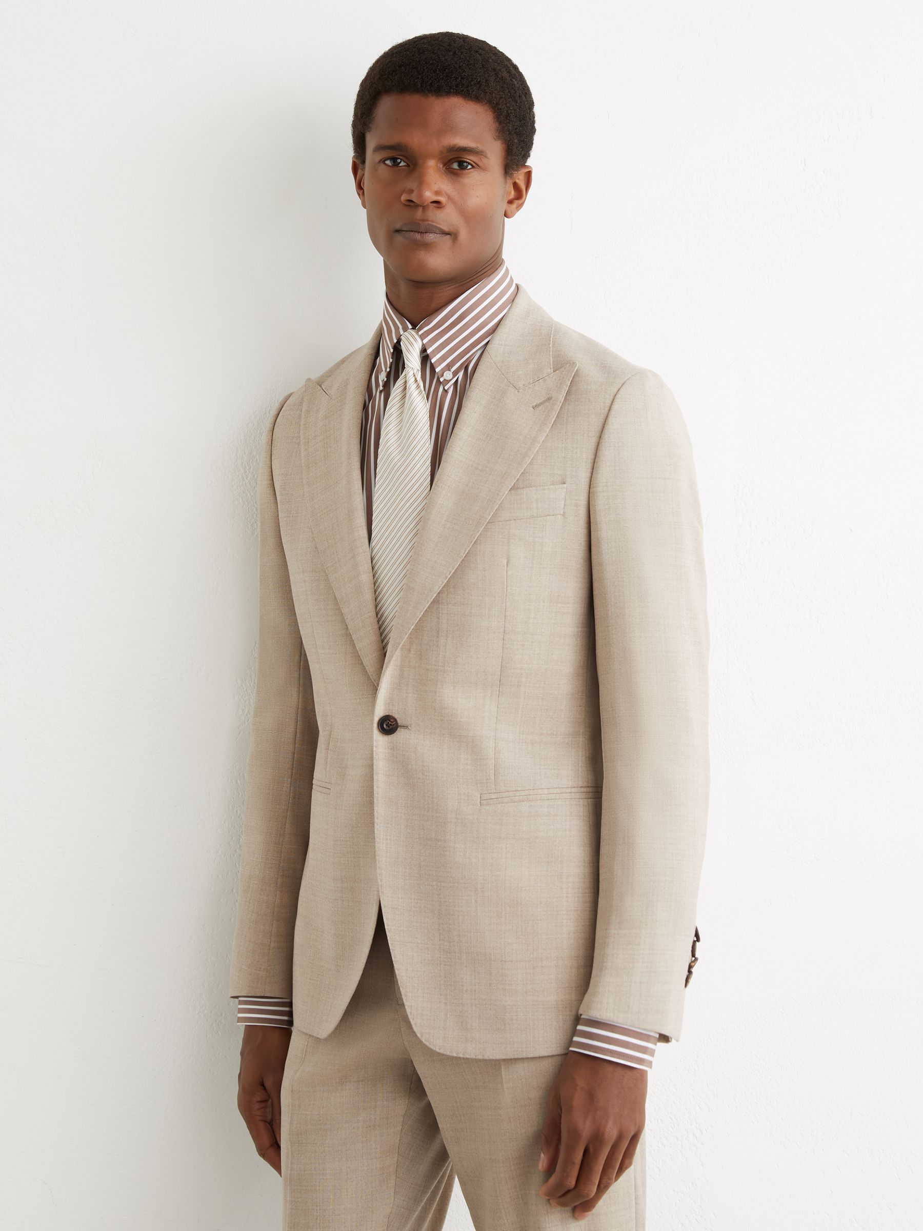 Wool Textured Single-Breasted Blazer Tailored-Fit in Oatmeal Brown - Image 3 of 9