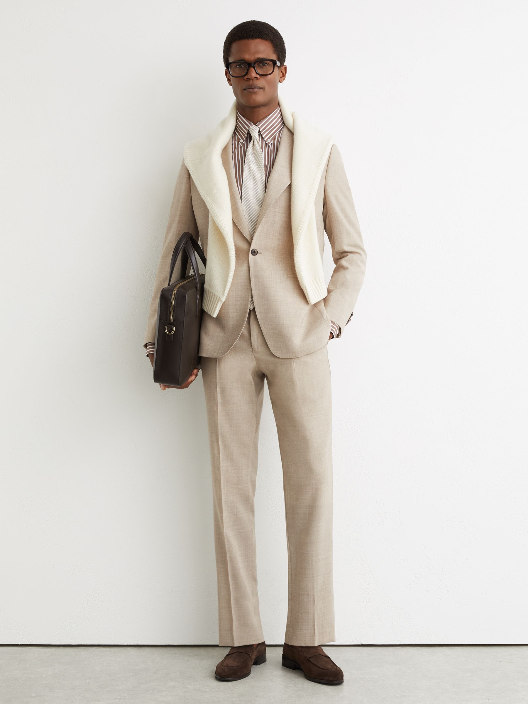 Wool Textured Single-Breasted Blazer Tailored-Fit in Oatmeal Brown - Image 7 of 9