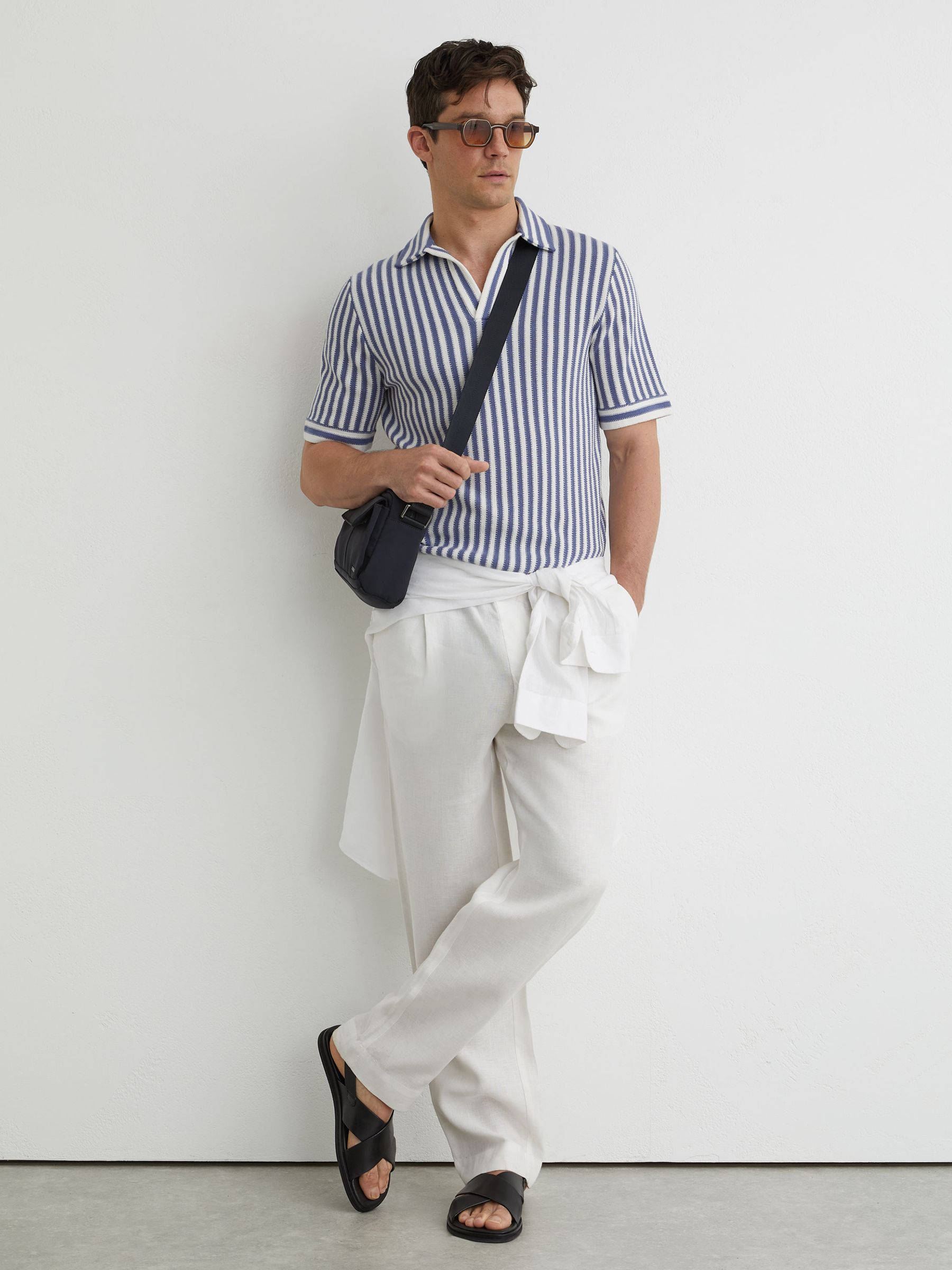 Cotton-Blend Stripe Knit Polo Shirt in Blue/ Off White - image 2