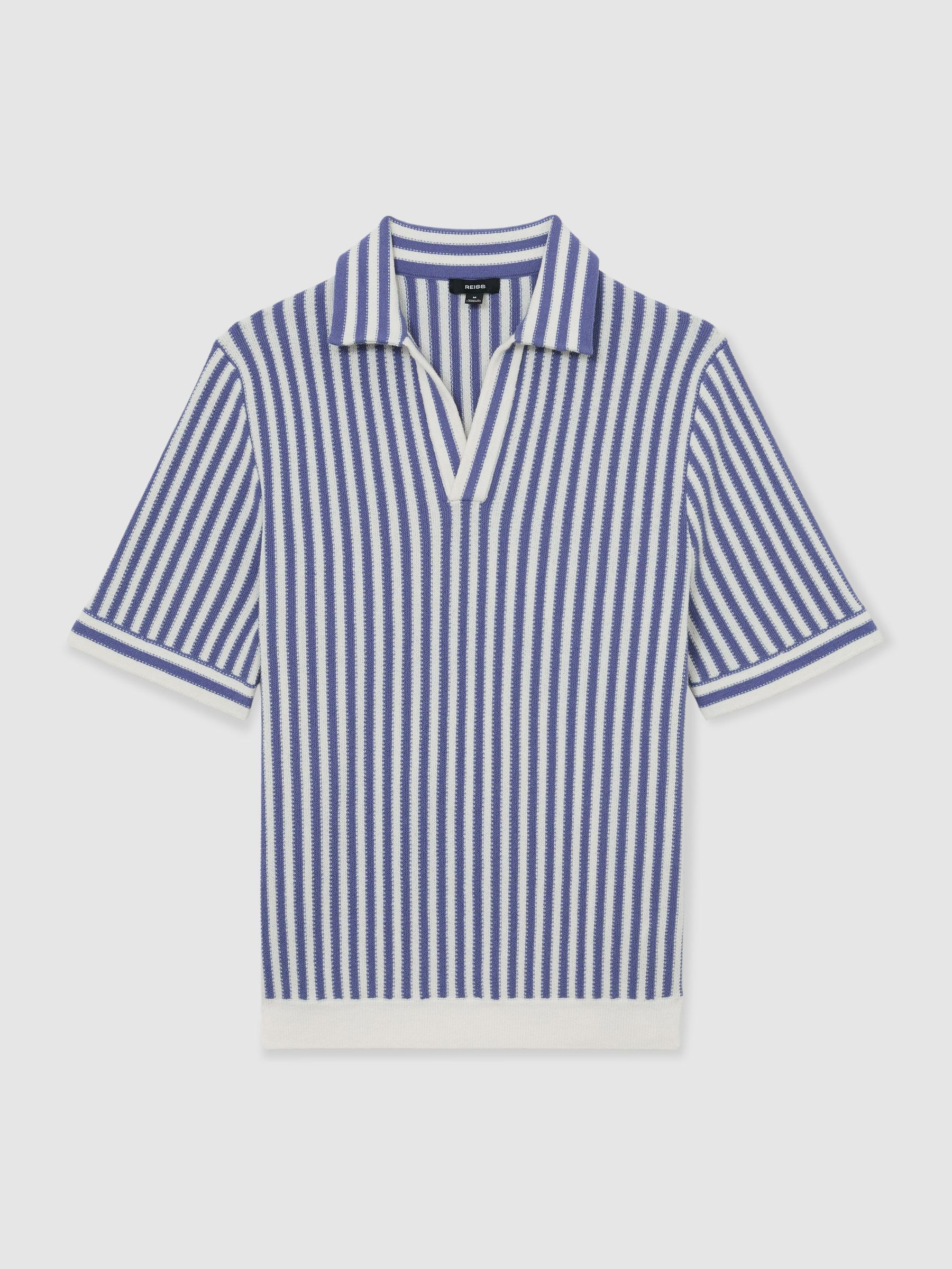 Cotton-Blend Stripe Knit Polo Shirt in Blue/ Off White - image 1