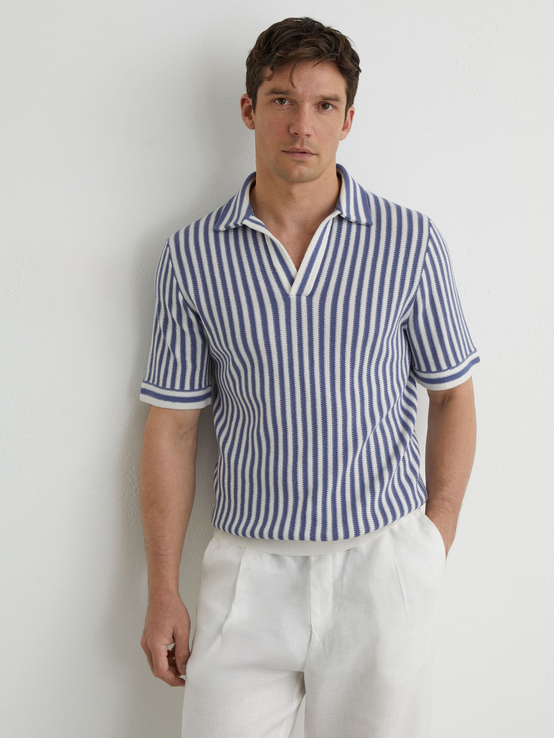 Cotton-Blend Stripe Knit Polo Shirt in Blue/ Off White - image 5
