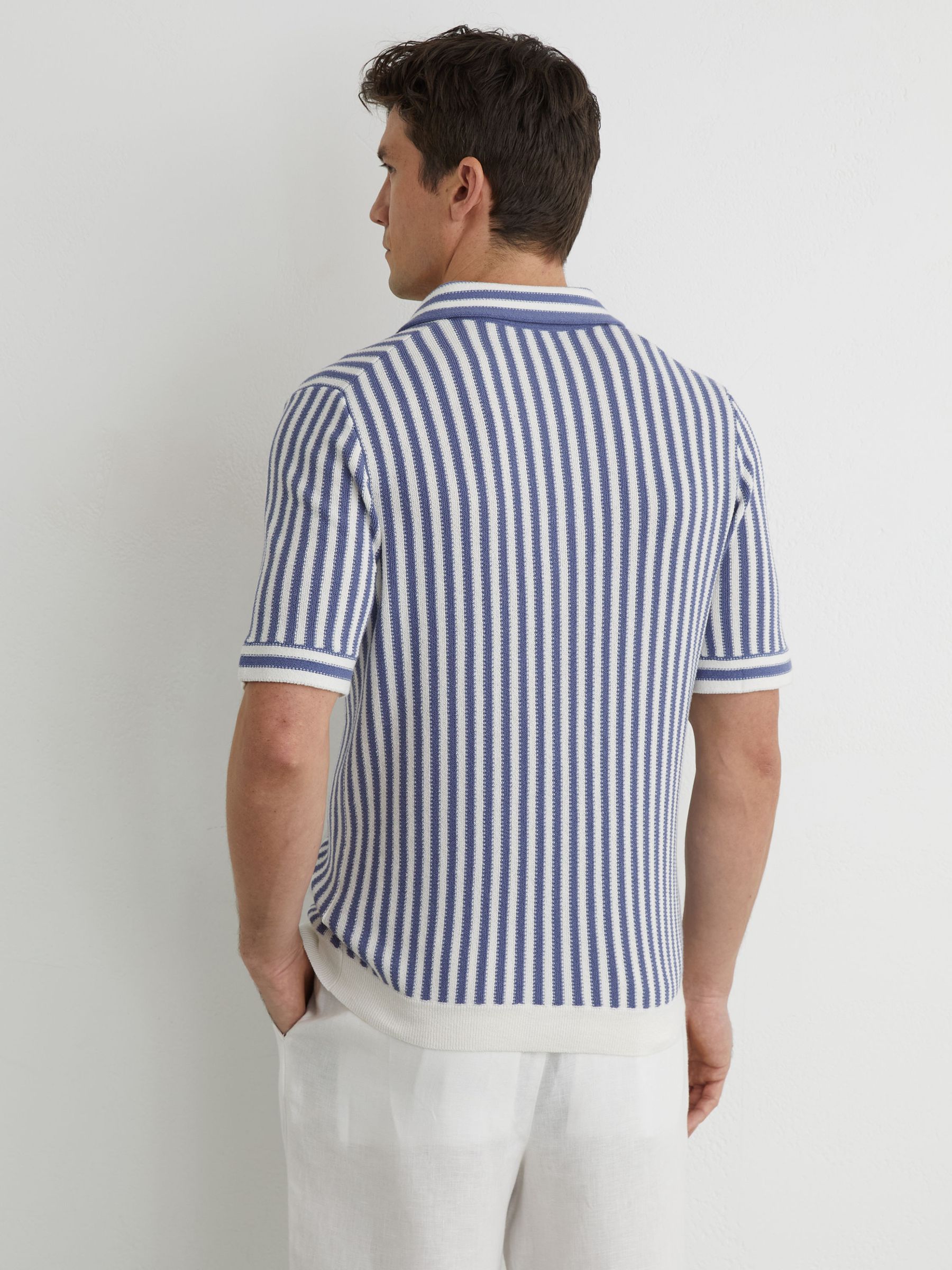 Cotton-Blend Stripe Knit Polo Shirt in Blue/ Off White - image 4
