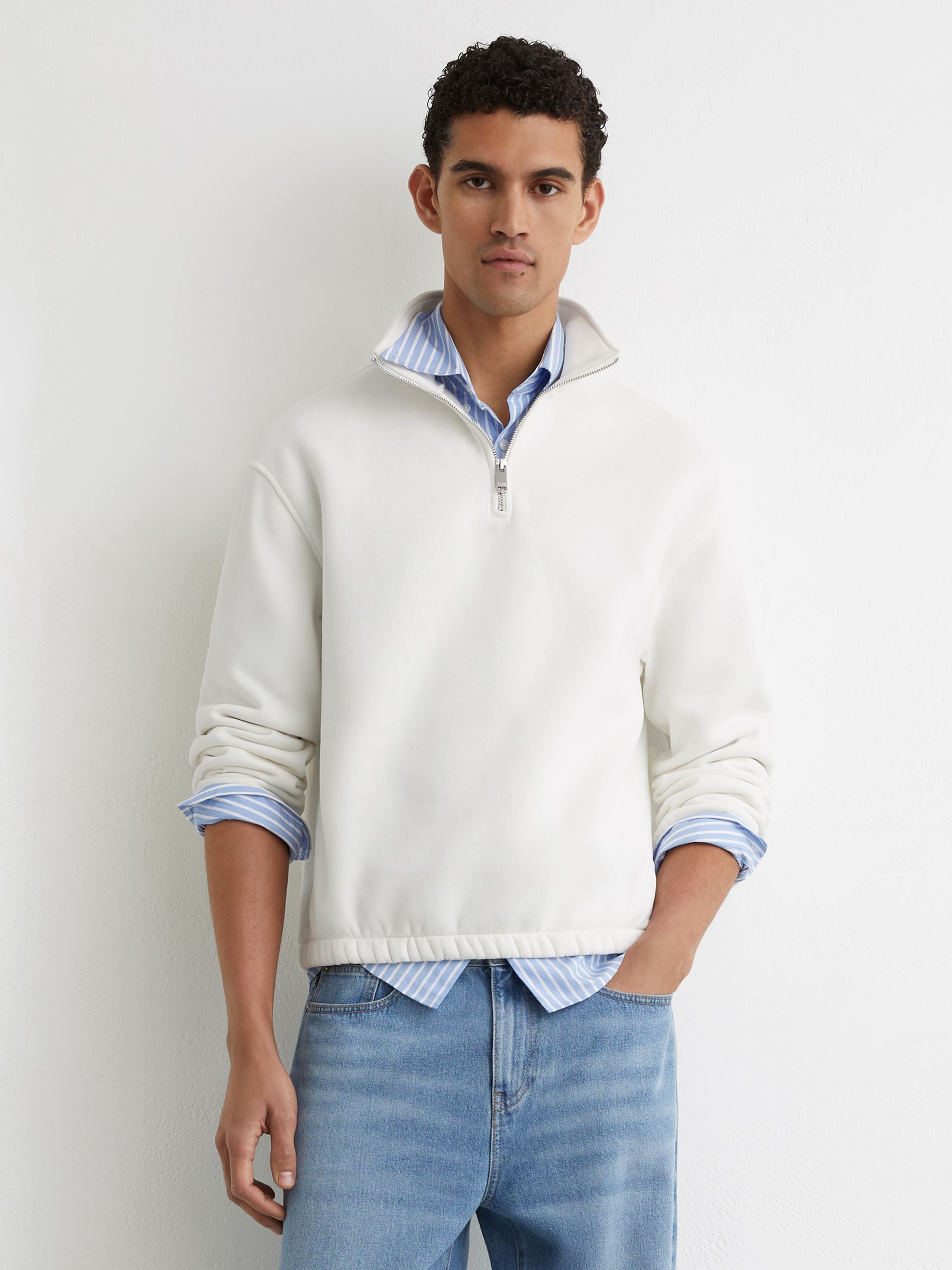 Cotton-Blend Washed Half-Zip Sweatshirt in White - Image 1 of 6