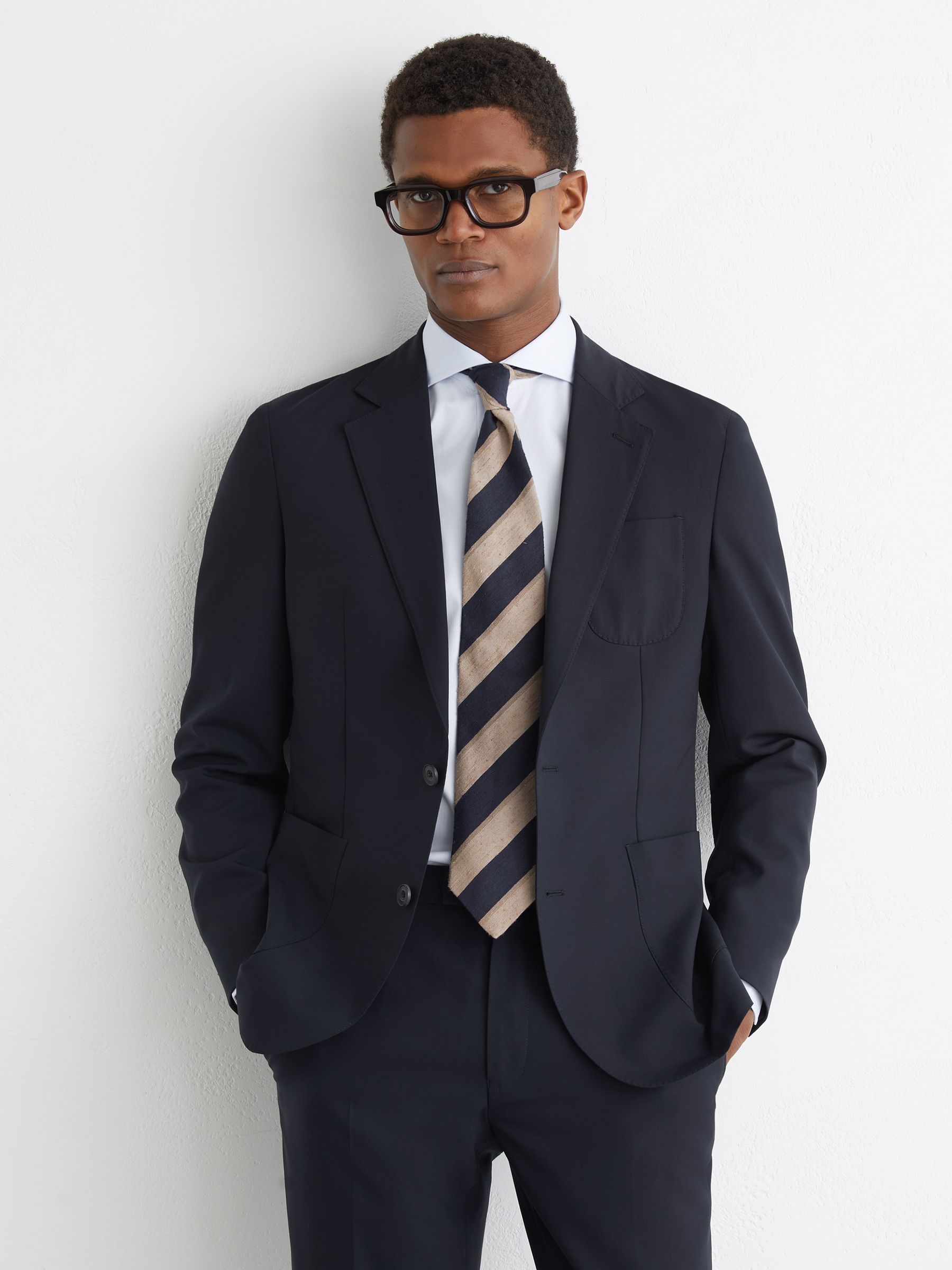 Wool Single-Breasted Travel Suit Blazer Tailored-Fit in Navy - Image 1 of 8
