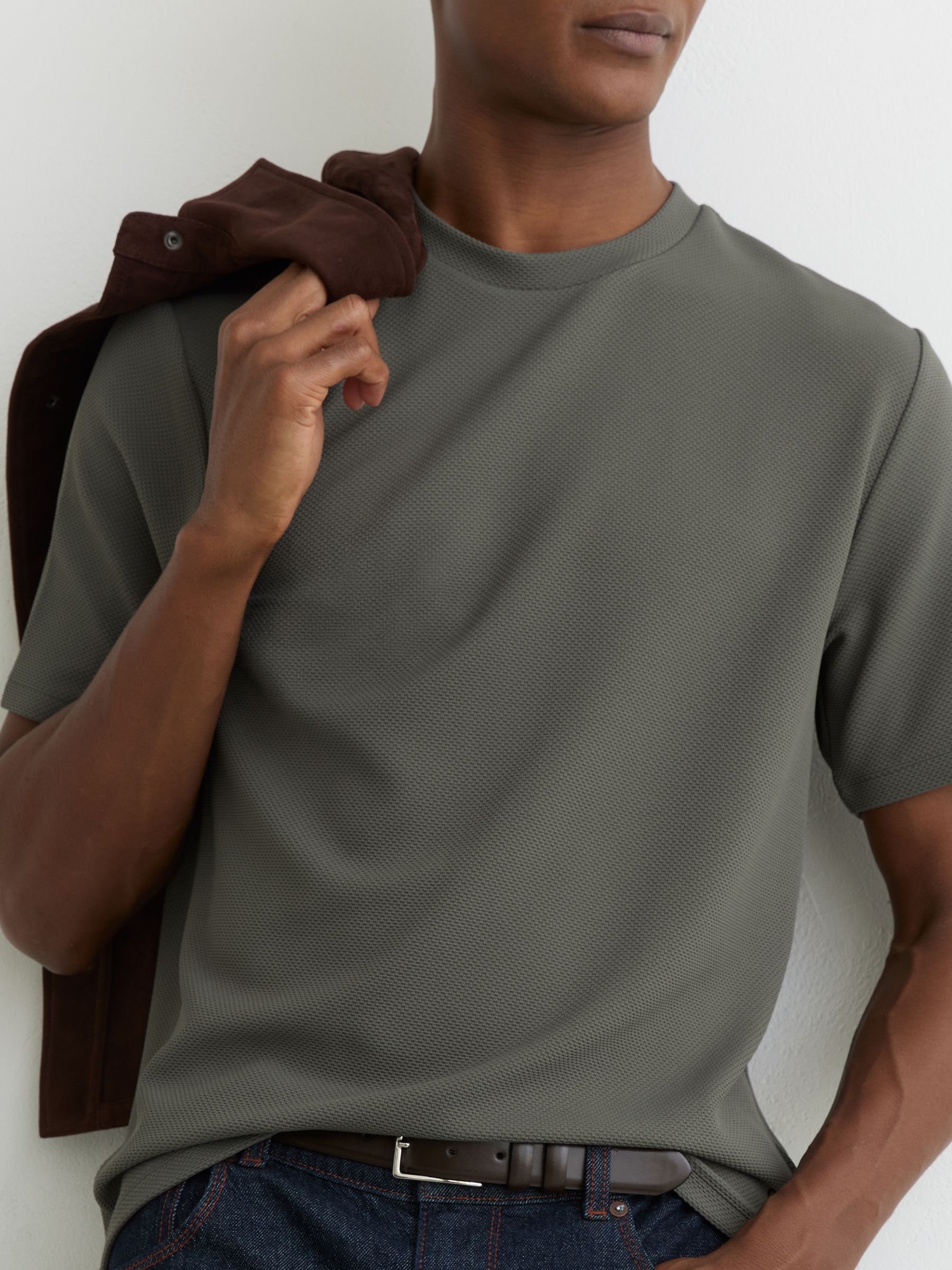 Textured Crew-Neck T-Shirt in Sage Green - Image 1 of 6