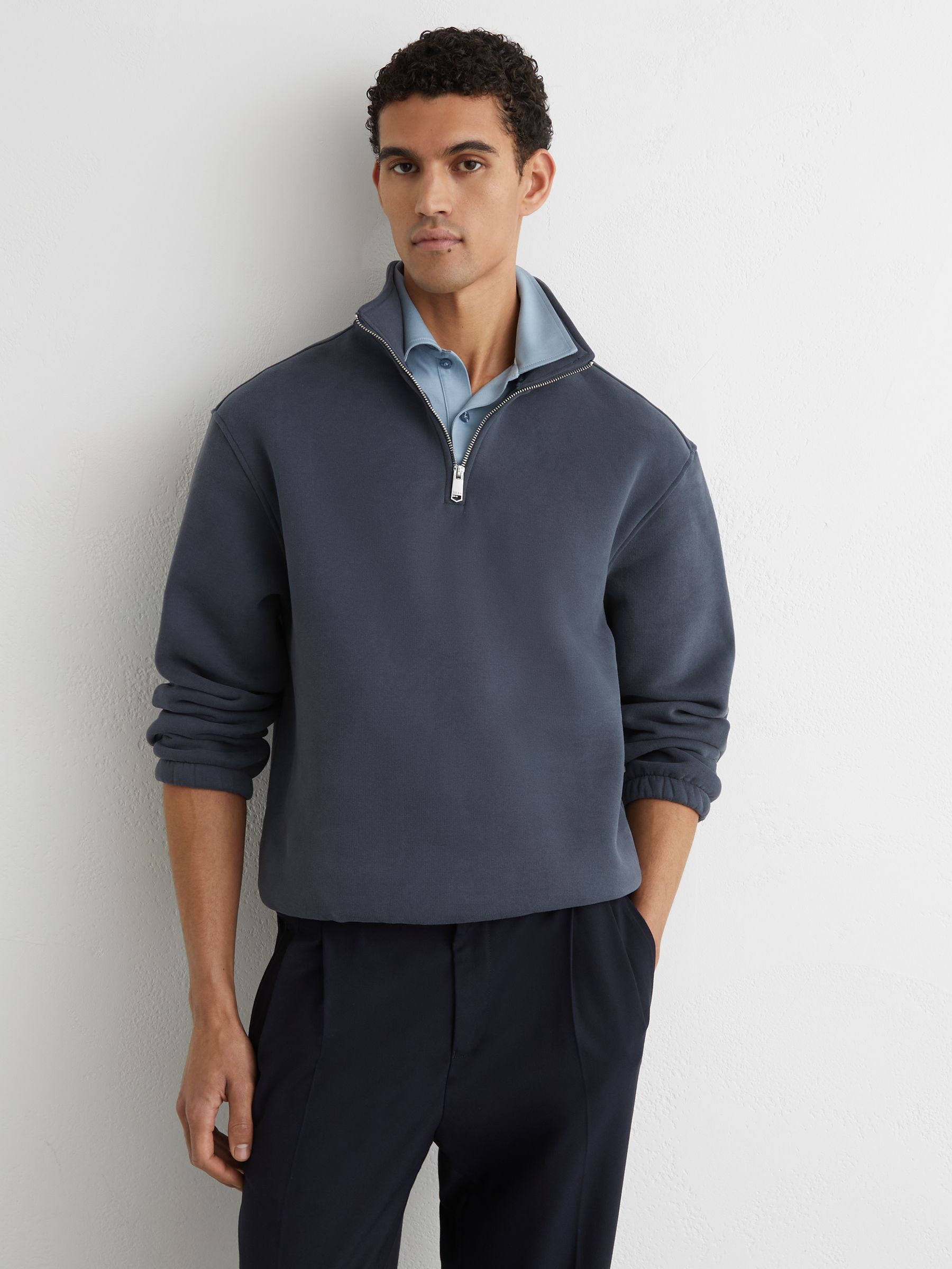 Cotton-Blend Washed Half-Zip Sweatshirt in Airforce Blue - Image 1 of 5