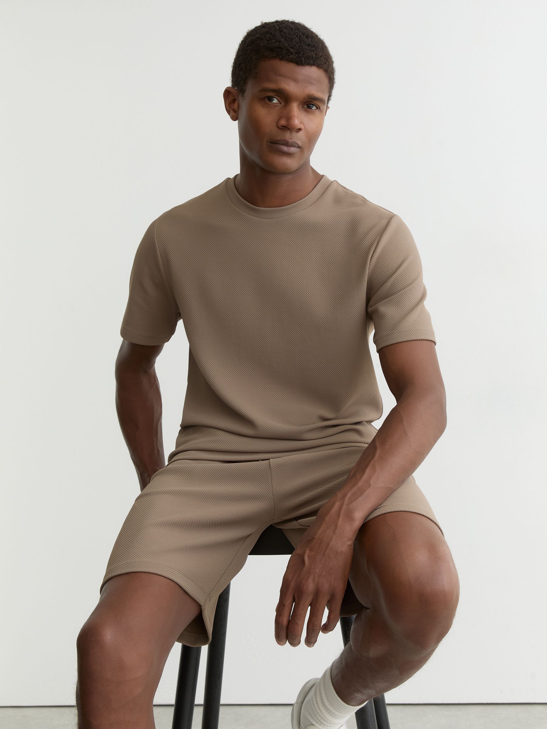 Textured Crew-Neck T-Shirt in Camel Brown - Image 1 of 6