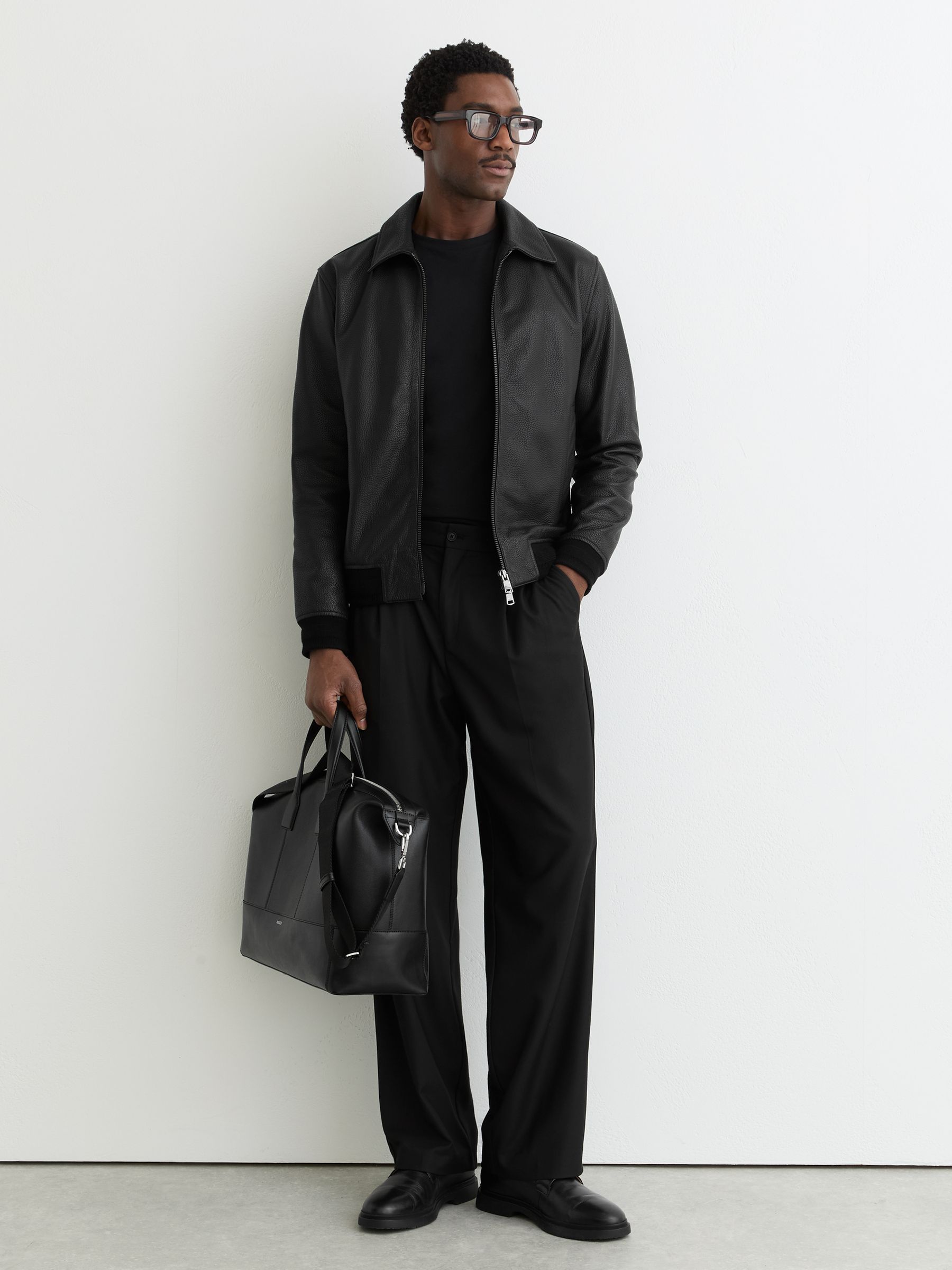 Grained-Leather Zip-Through Jacket in Black - Image 1 of 6 Grained-Leather Zip-Through Jacket in Black - Image 1 of 6