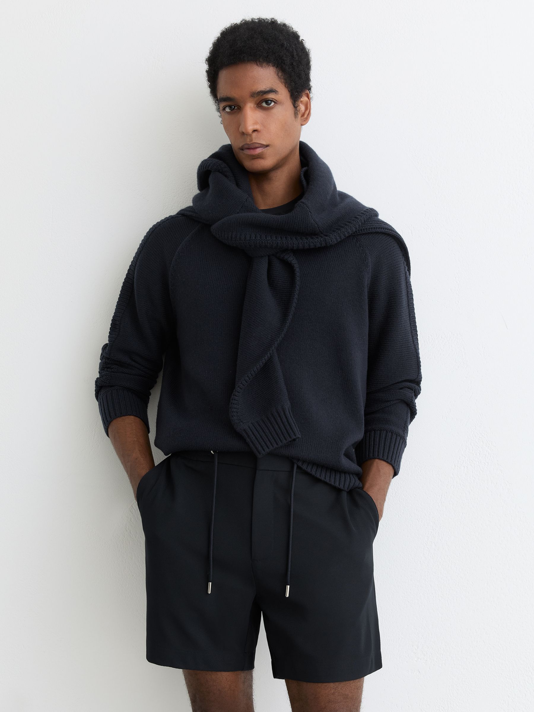 Textured Drawstring Shorts in Navy - Image 1 of 6