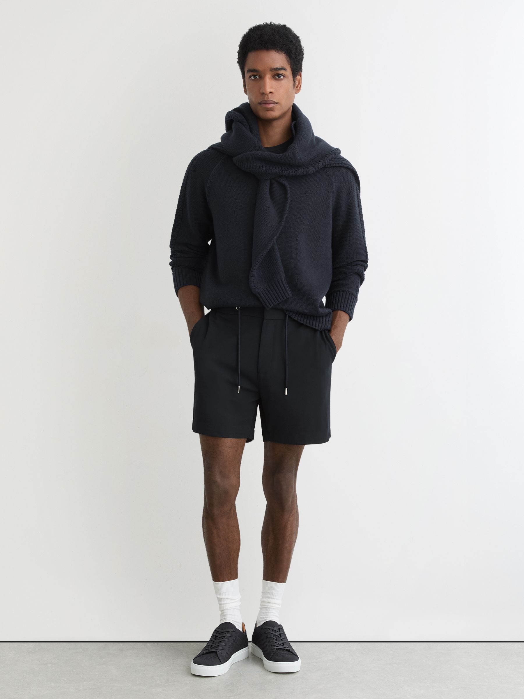 Textured Drawstring Shorts in Navy - Image 3 of 6