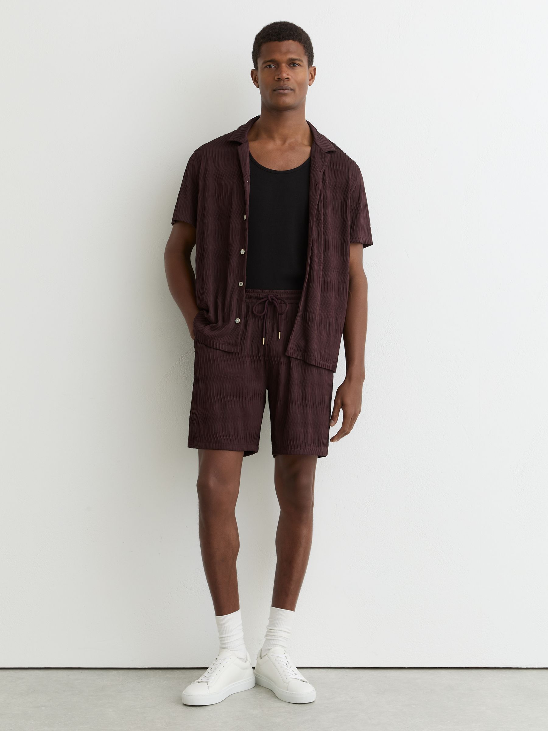 Textured-Wave Drawstring Shorts in Bordeaux - Image 1 of 6
