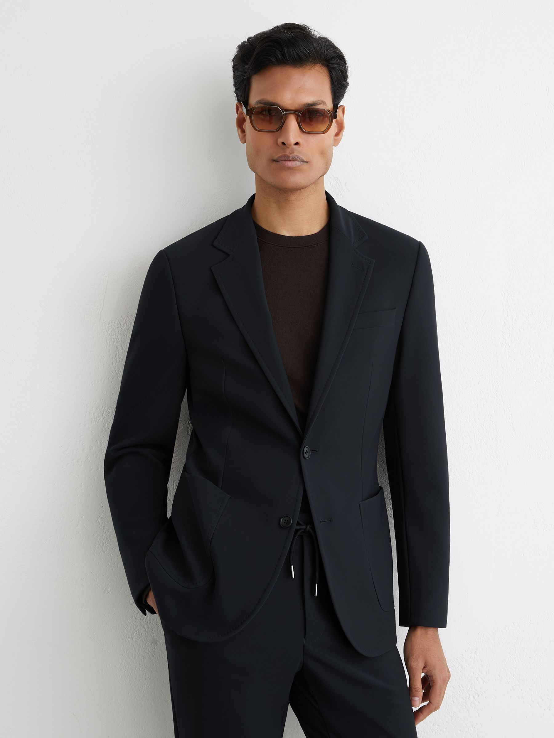 Tailored Fit Jersey Single-Breasted Suit Blazer in Navy - image 3