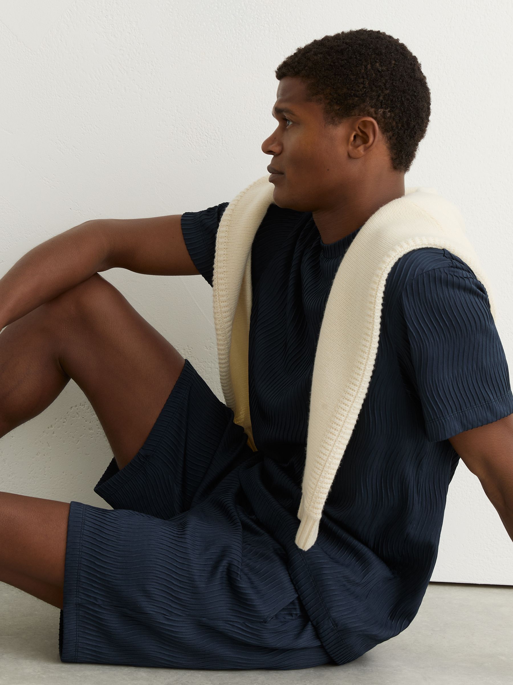 Textured-Wave Drawstring Shorts in Airforce Blue - Image 3 of 7