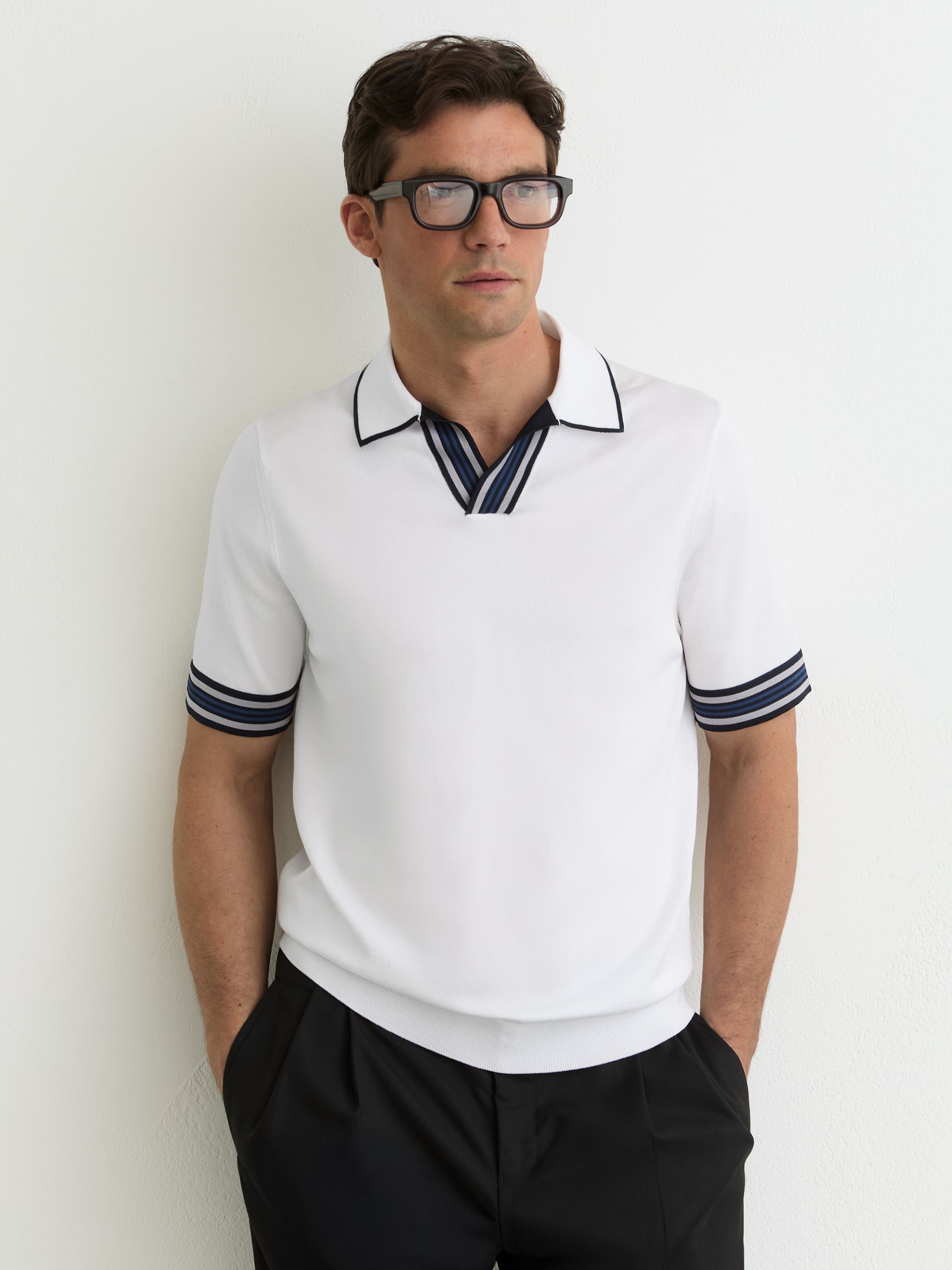 Tipped Open-Collar Knitted Polo Shirt in White - image 2