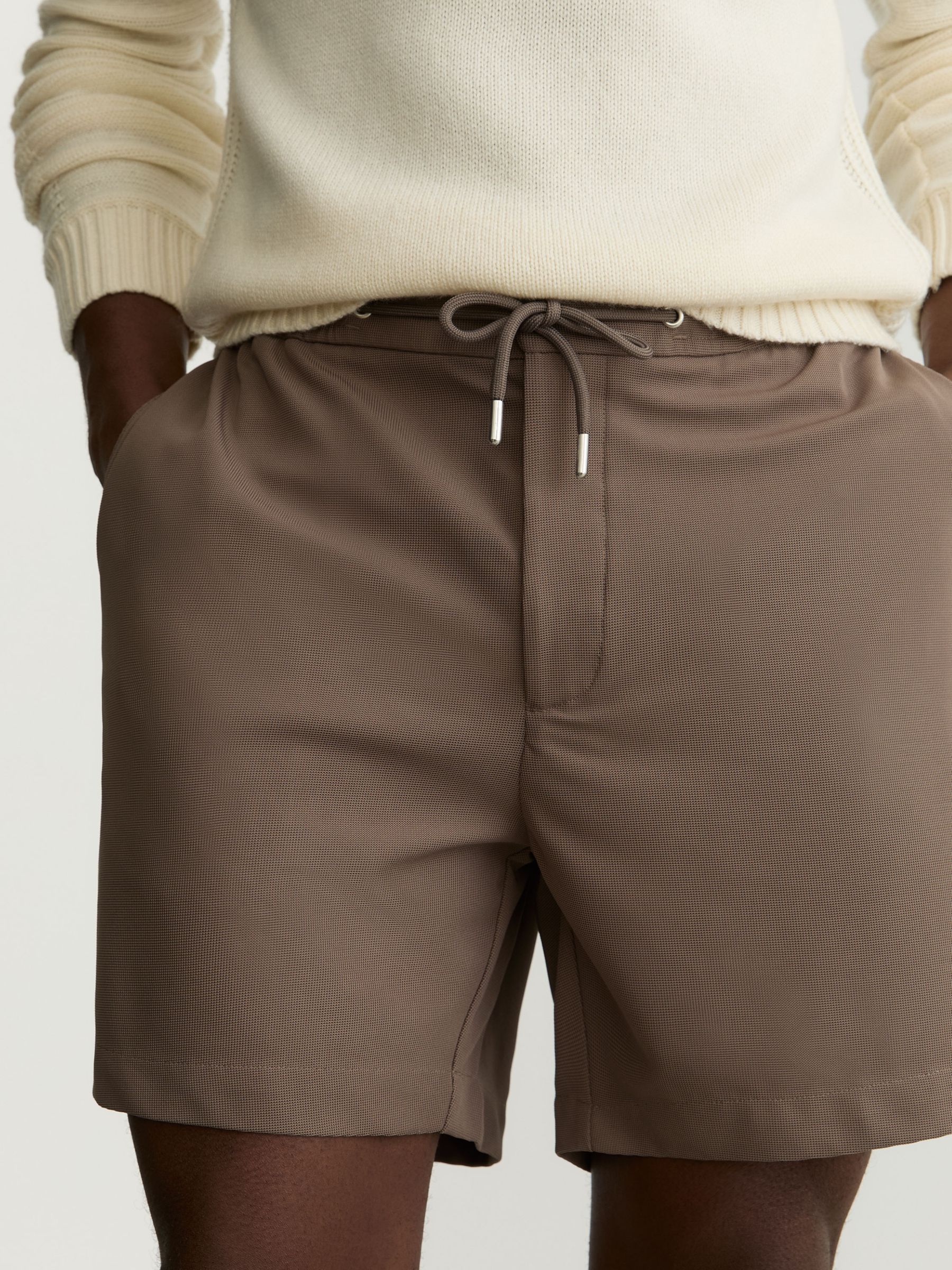 Textured Drawstring Shorts in Mocha Brown - Image 1 of 6