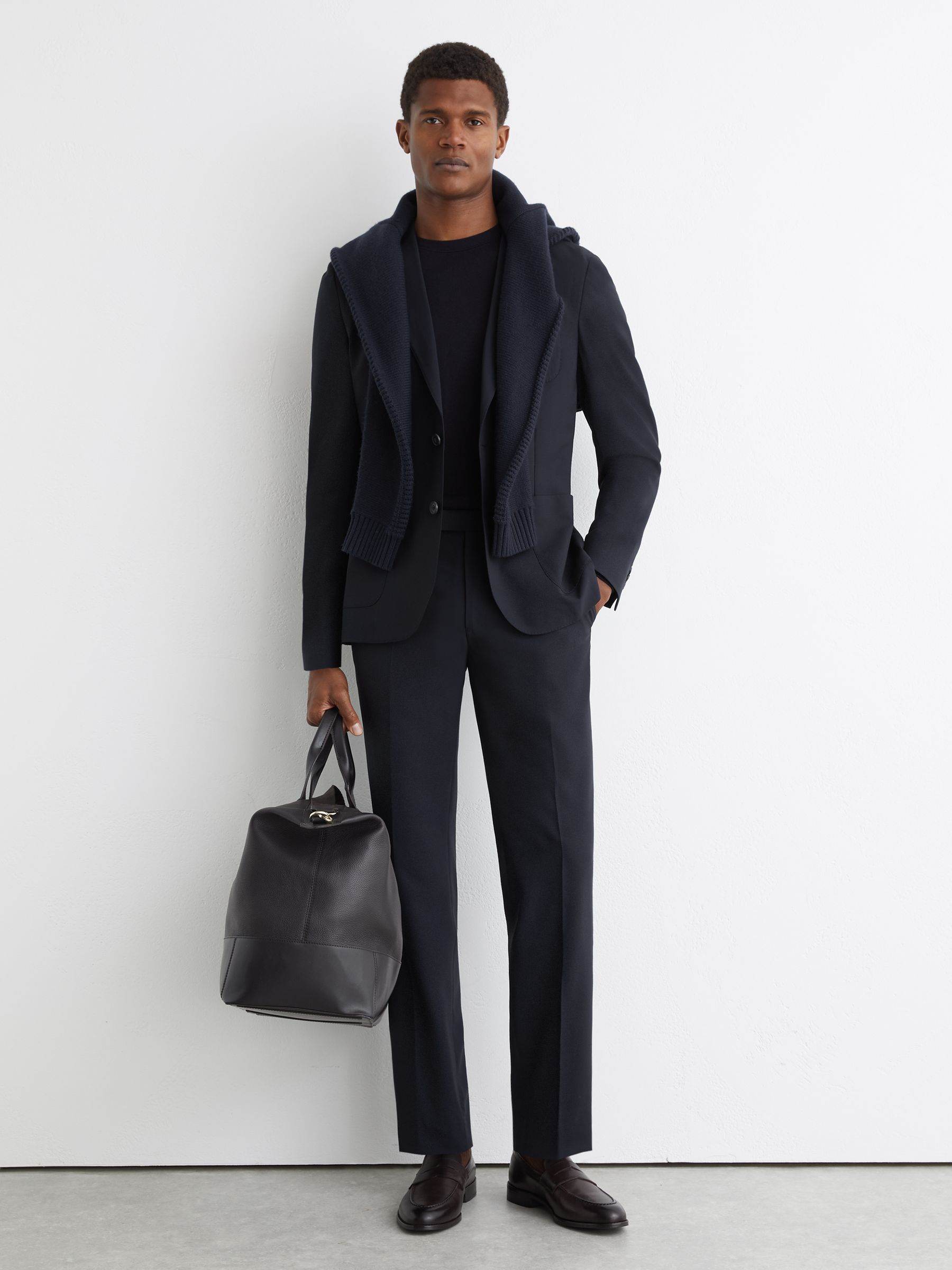 Wool Tailored-Fit Travel Suit Trousers in Navy - Image 1 of 6