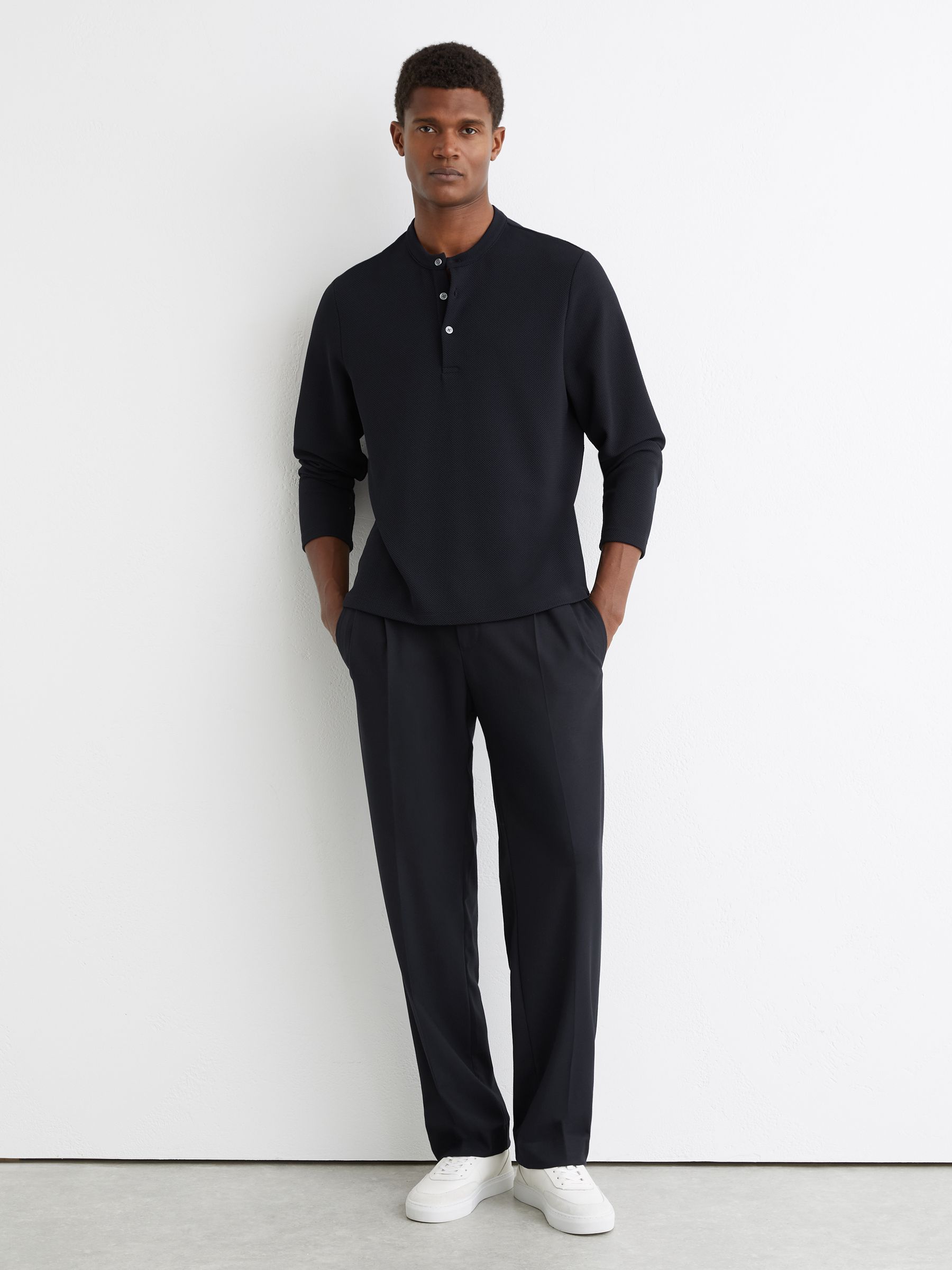 Textured Long-Sleeve Henley Shirt in Navy - Image 1 of 6