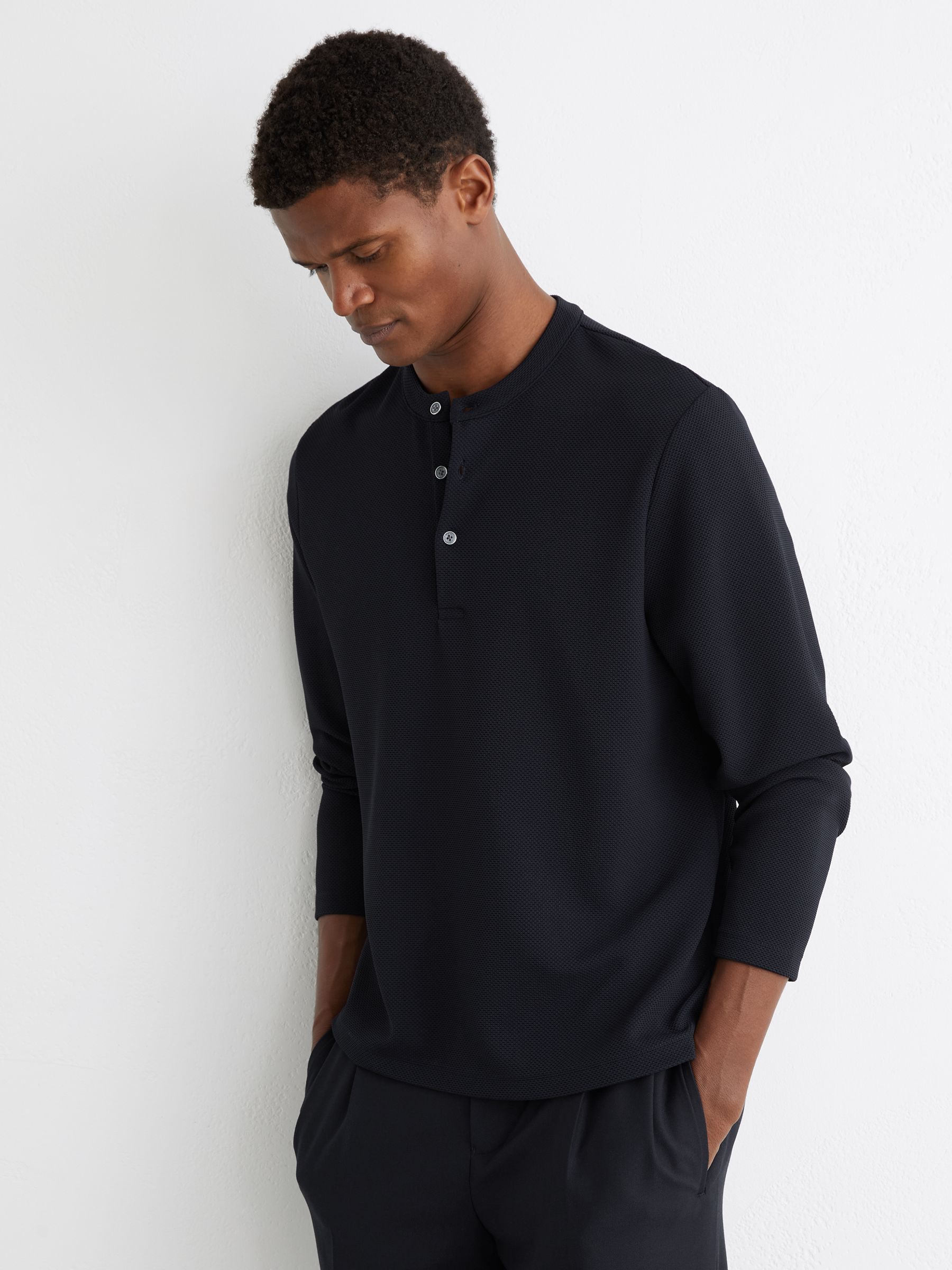 Textured Long-Sleeve Henley Shirt in Navy - Image 3 of 6