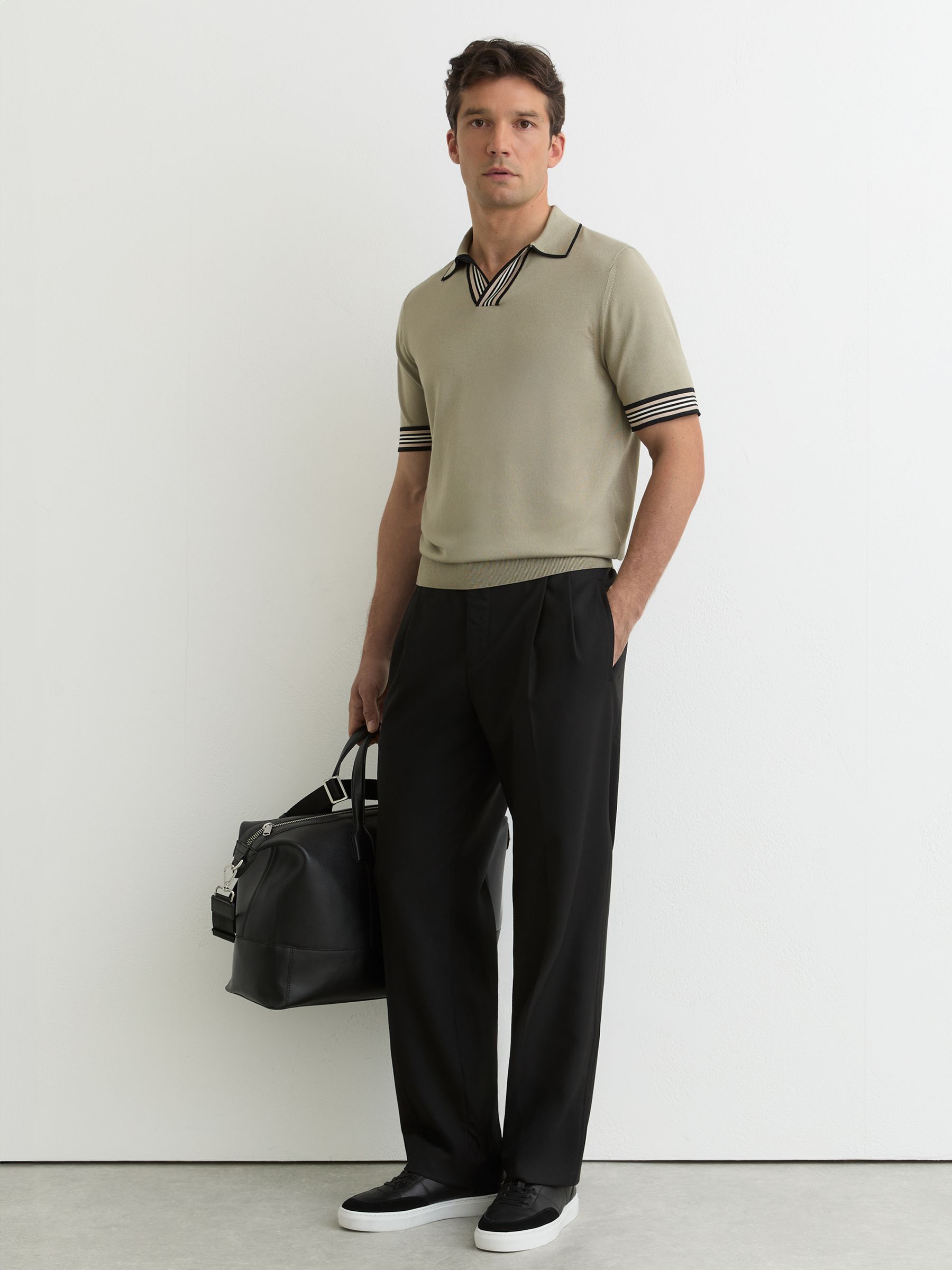 Tipped Open-Collar Knitted Polo Shirt in Sage Green - image 2
