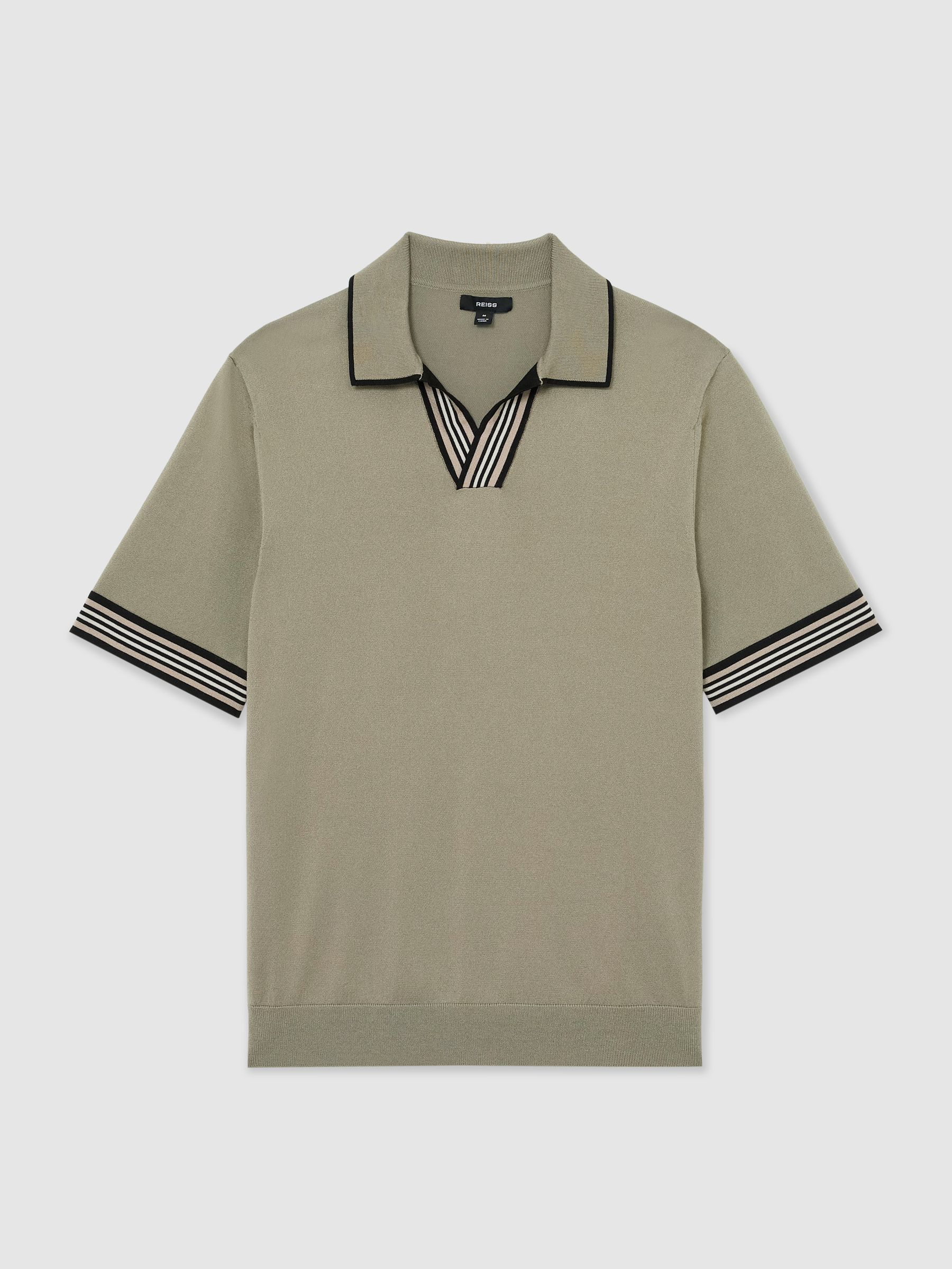 Tipped Open-Collar Knitted Polo Shirt in Sage Green - image 1