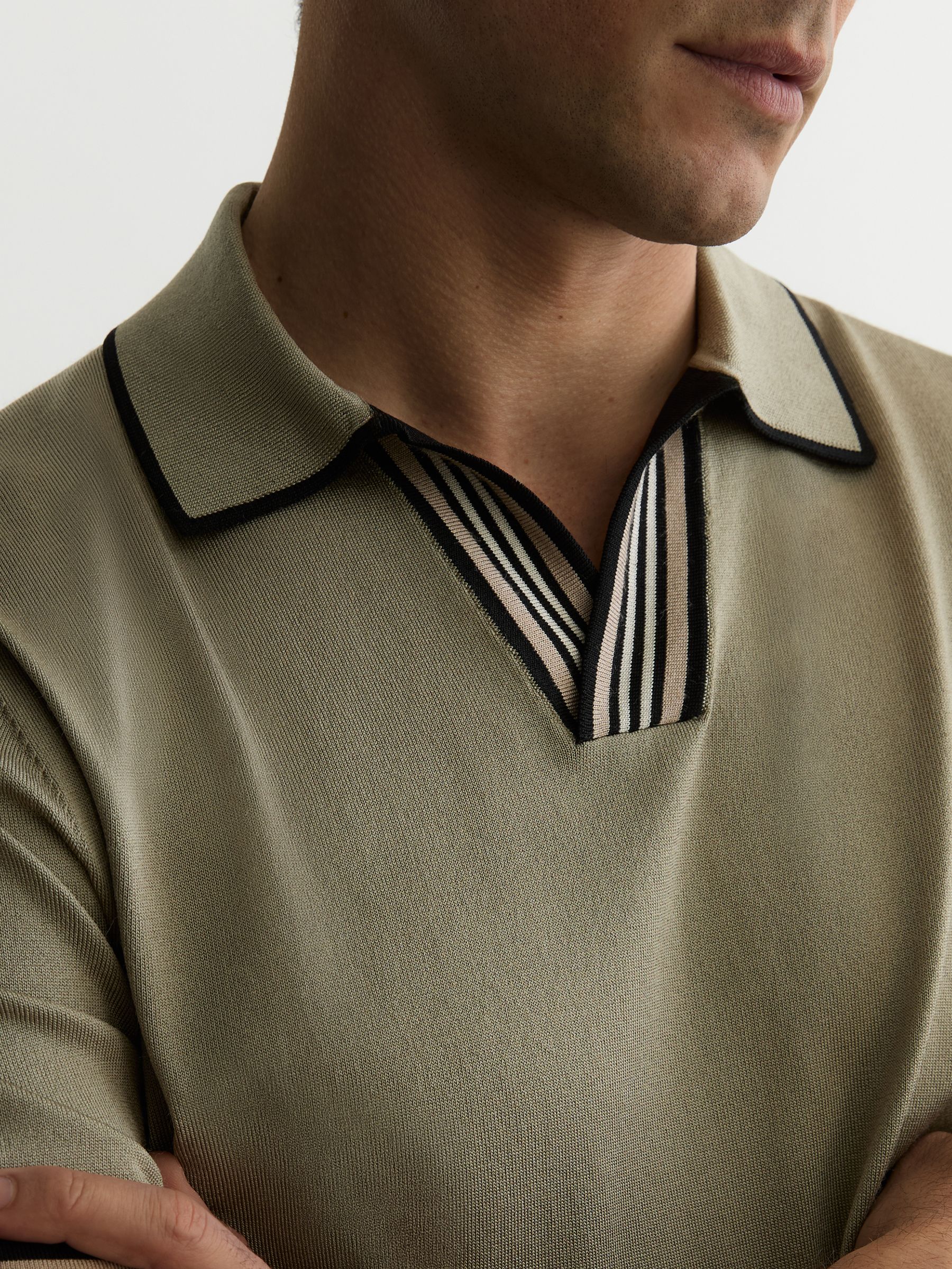 Tipped Open-Collar Knitted Polo Shirt in Sage Green - image 5