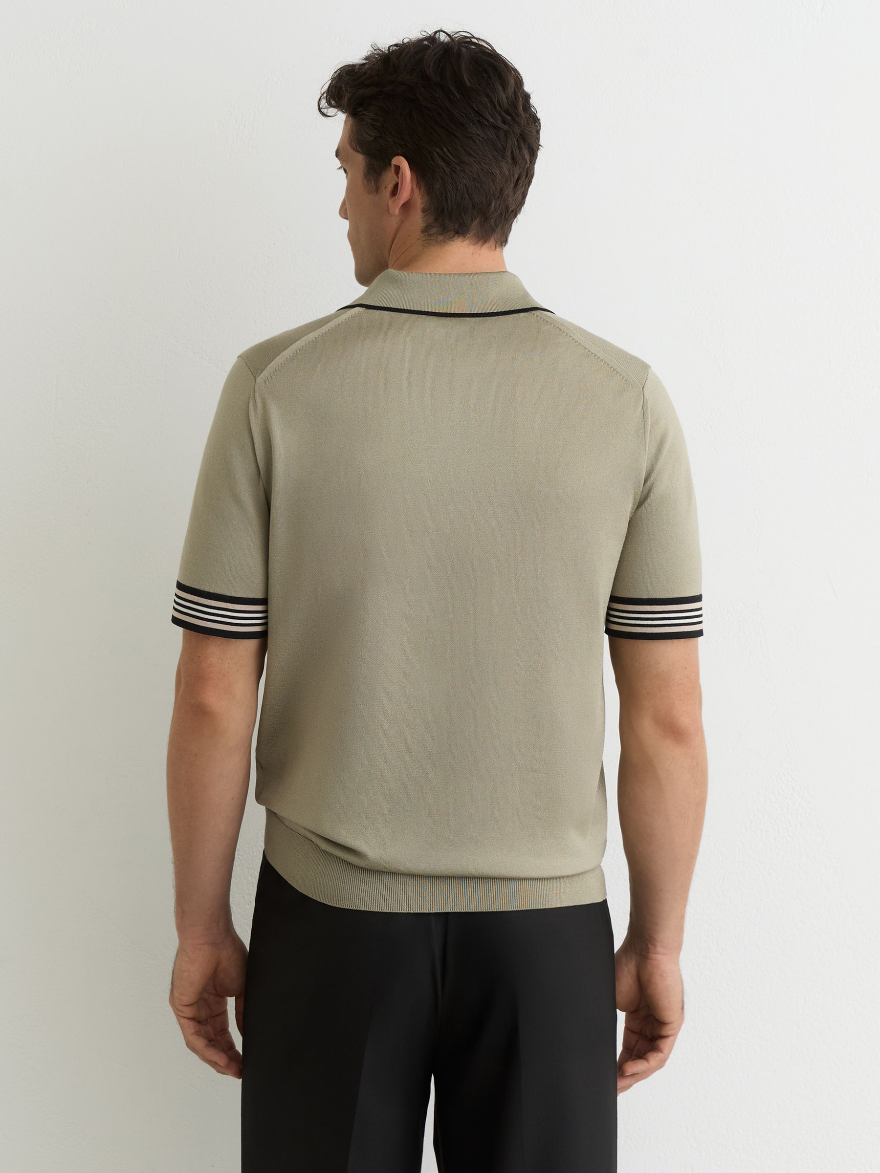 Tipped Open-Collar Knitted Polo Shirt in Sage Green - image 4