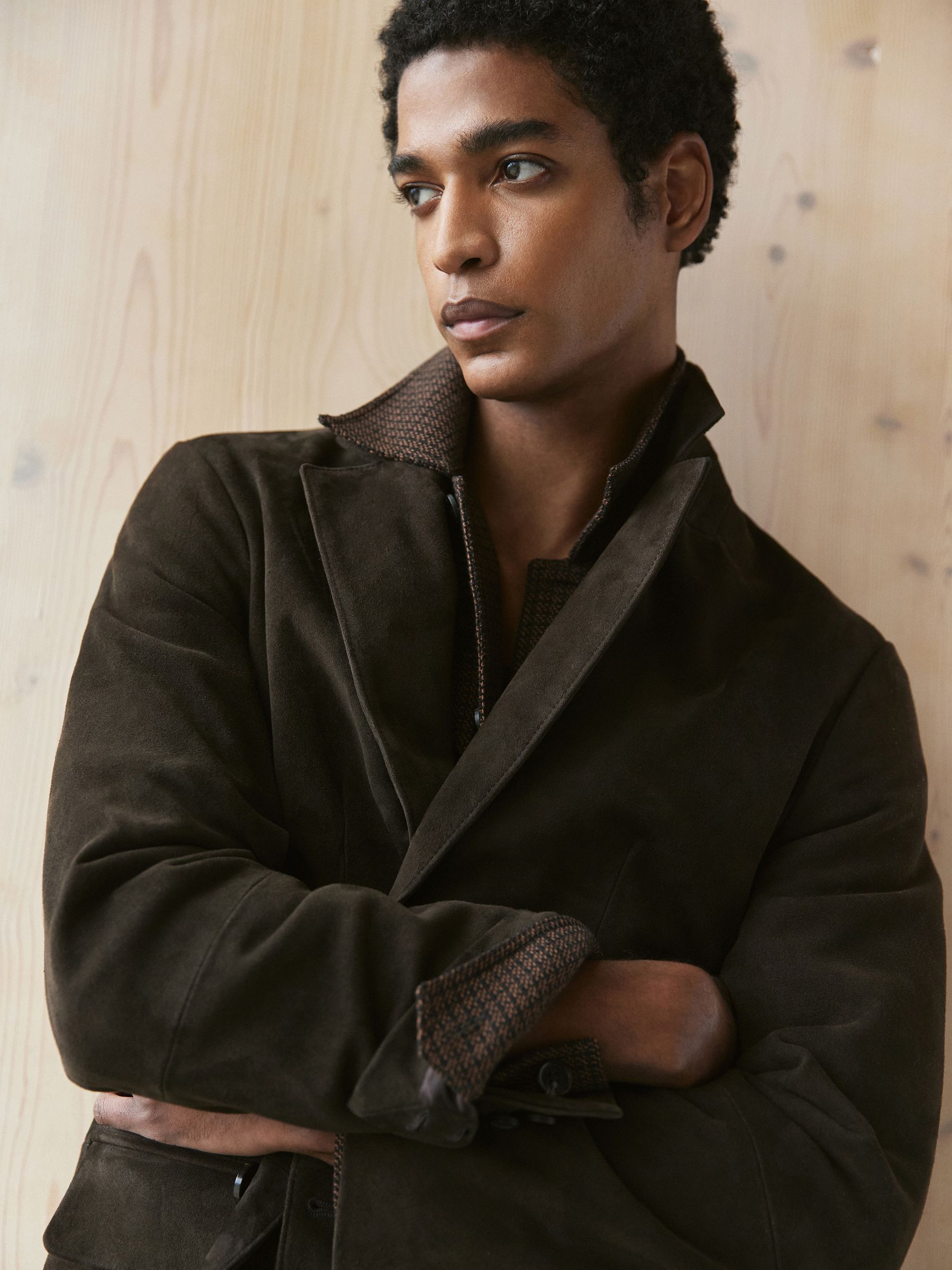 Suede Single-Breasted Blazer in Chocolate Brown - Image 1 of 9