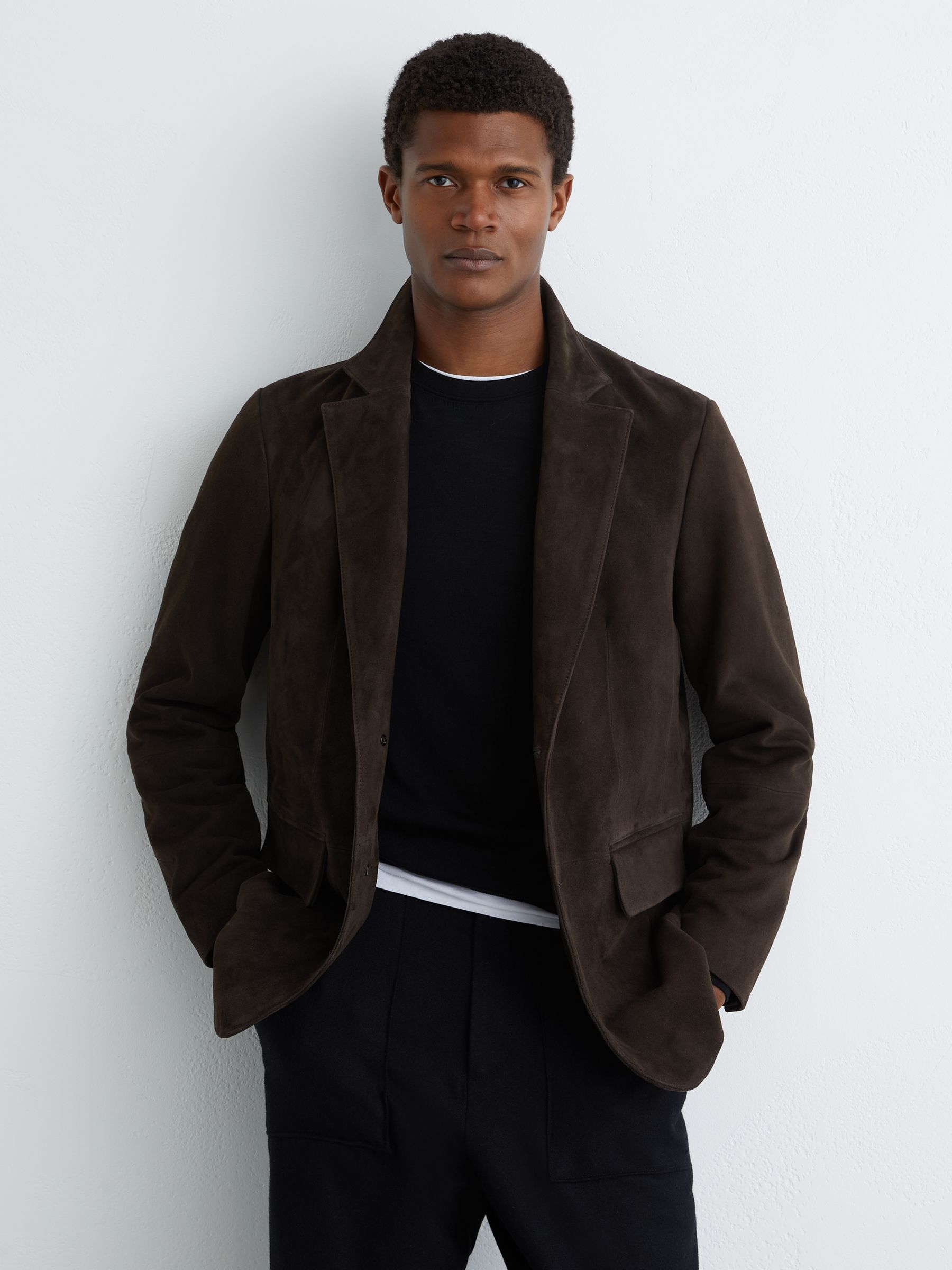 Suede Single-Breasted Blazer in Chocolate Brown - Image 3 of 9