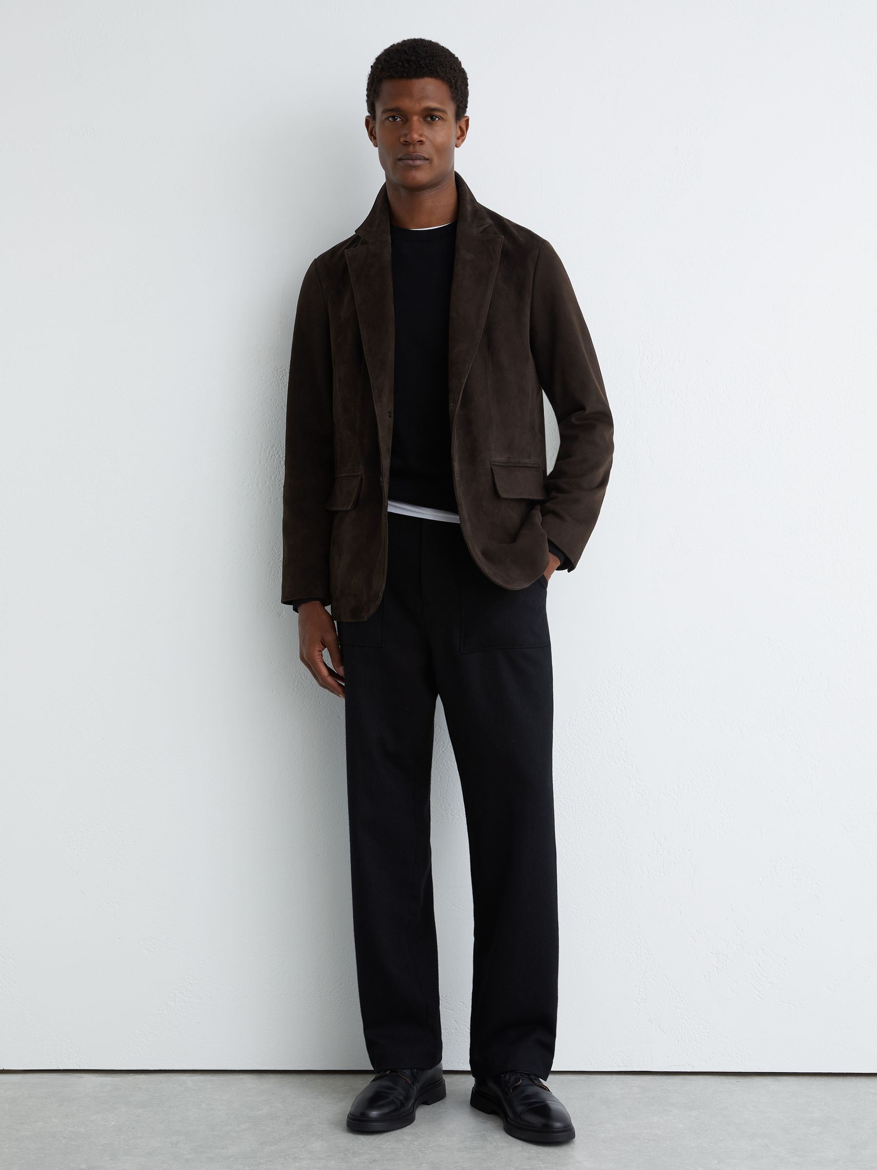 Suede Single-Breasted Blazer in Chocolate Brown - Image 4 of 9