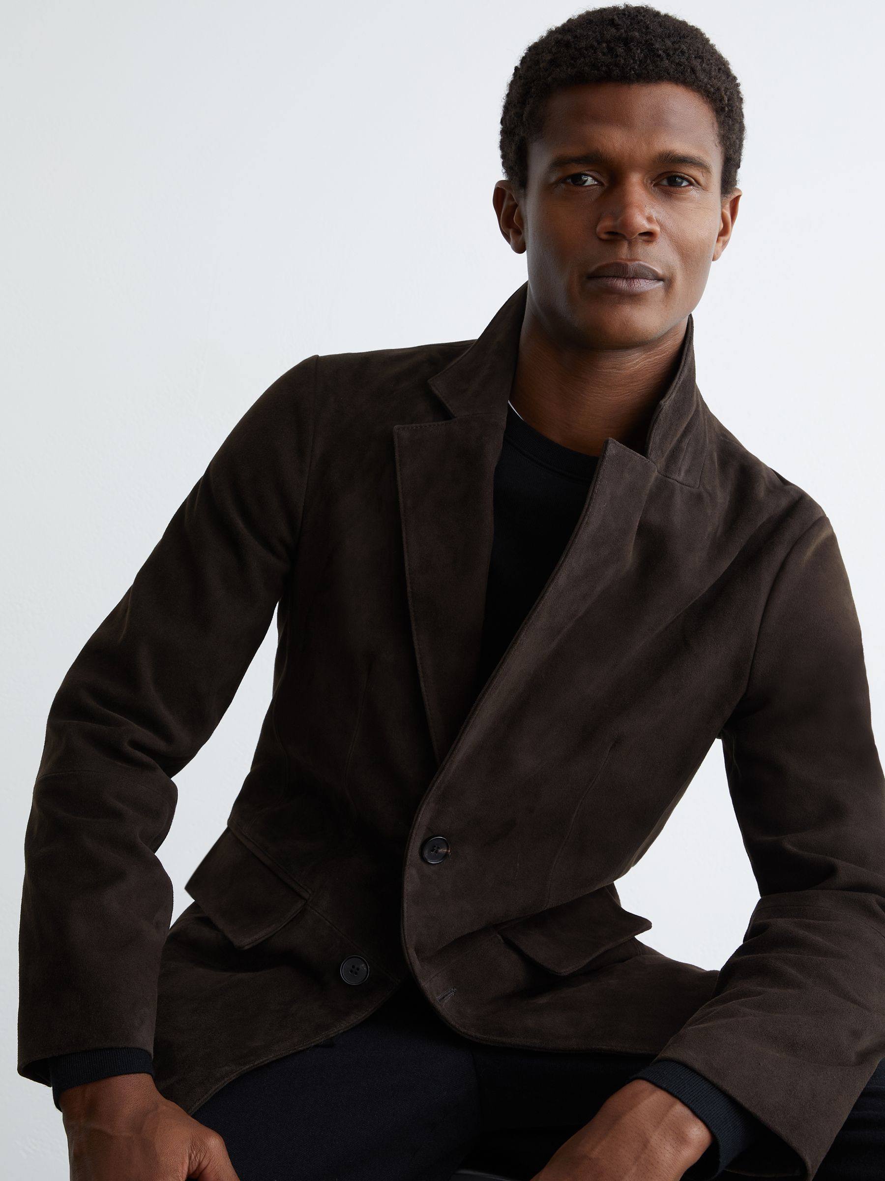 Suede Single-Breasted Blazer in Chocolate Brown - Image 5 of 9