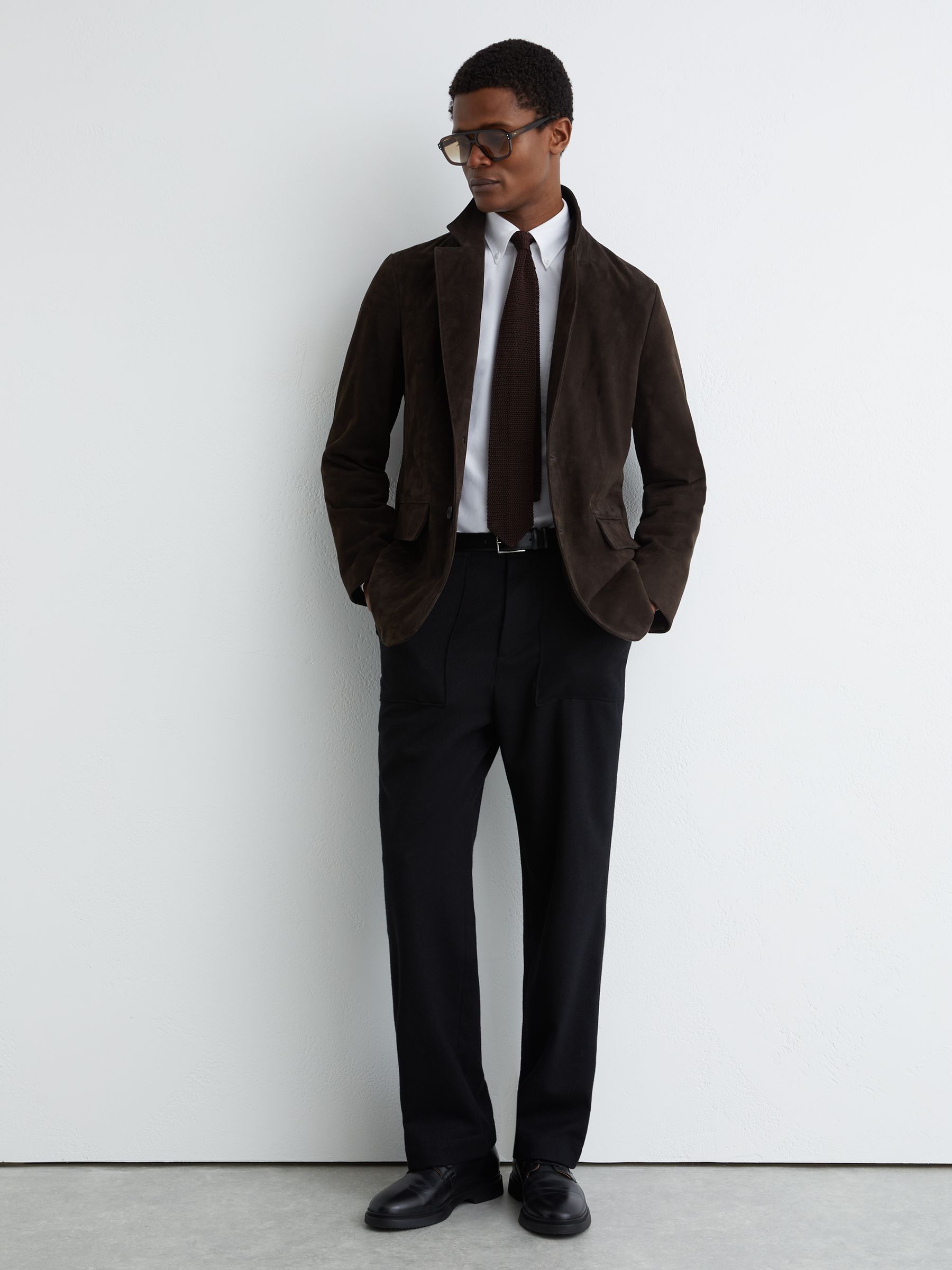 Suede Single-Breasted Blazer in Chocolate Brown - Image 8 of 9