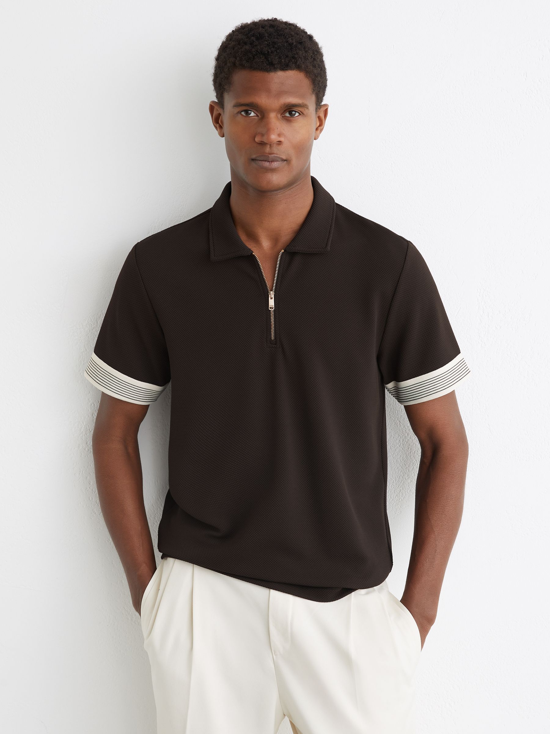 Reiss Sleeve-Trim Half-Zip Polo Shirt in Chocolate Brown | REISS