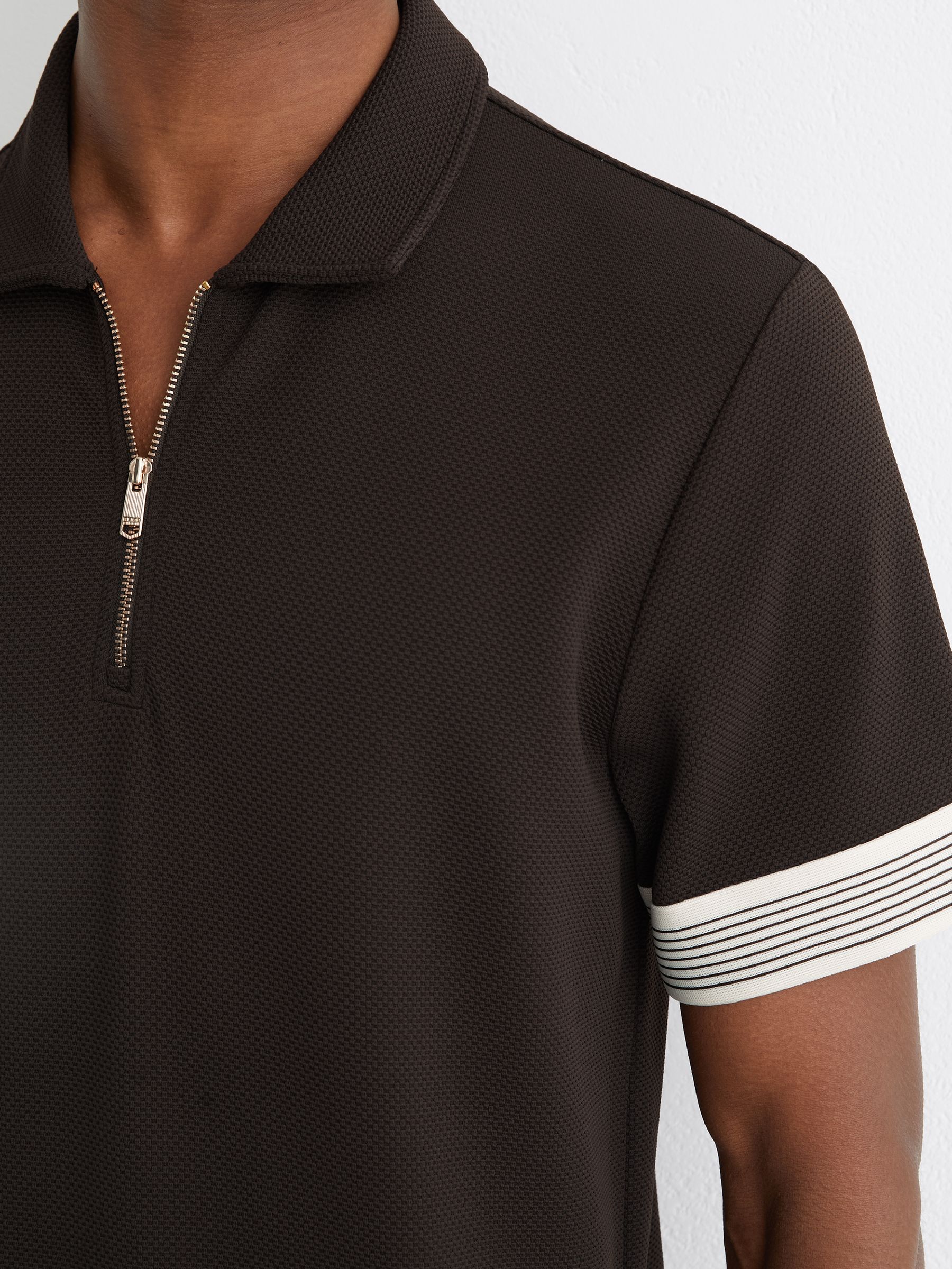 Reiss Sleeve-Trim Half-Zip Polo Shirt in Chocolate Brown - REISS