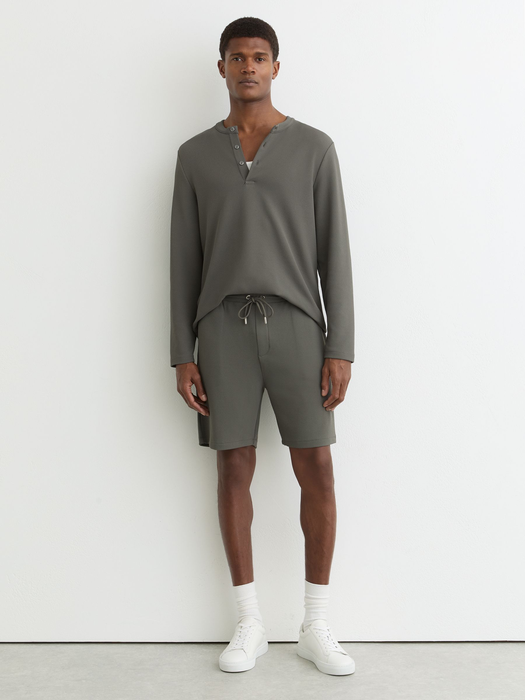 Textured Drawstring Shorts in Sage Green - Image 1 of 6