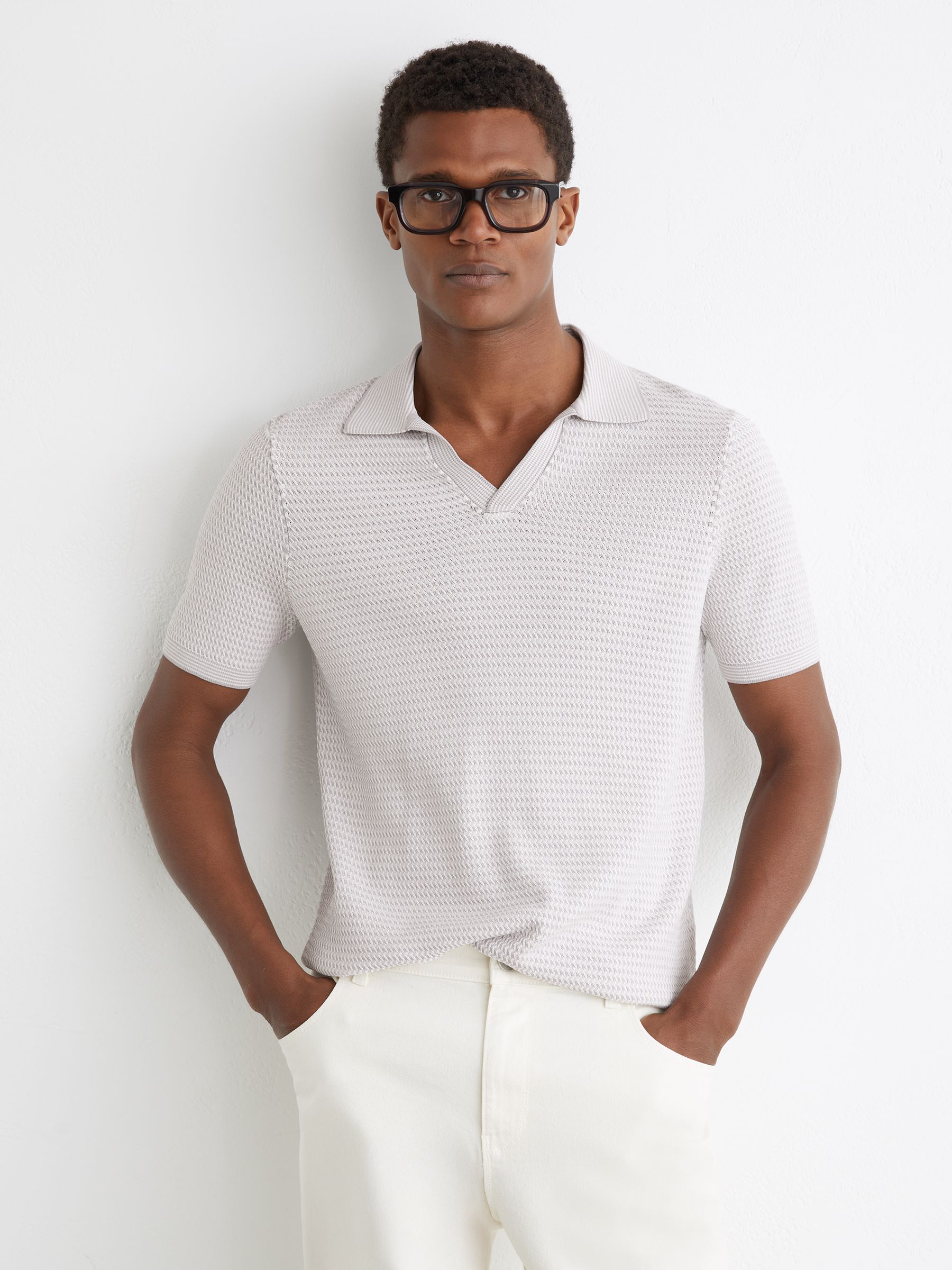 Open-Collar Textured-Knit Polo Shirt in Soft Grey - Image 1 of 6 Open-Collar Textured-Knit Polo Shirt in Soft Grey - Image 1 of 6