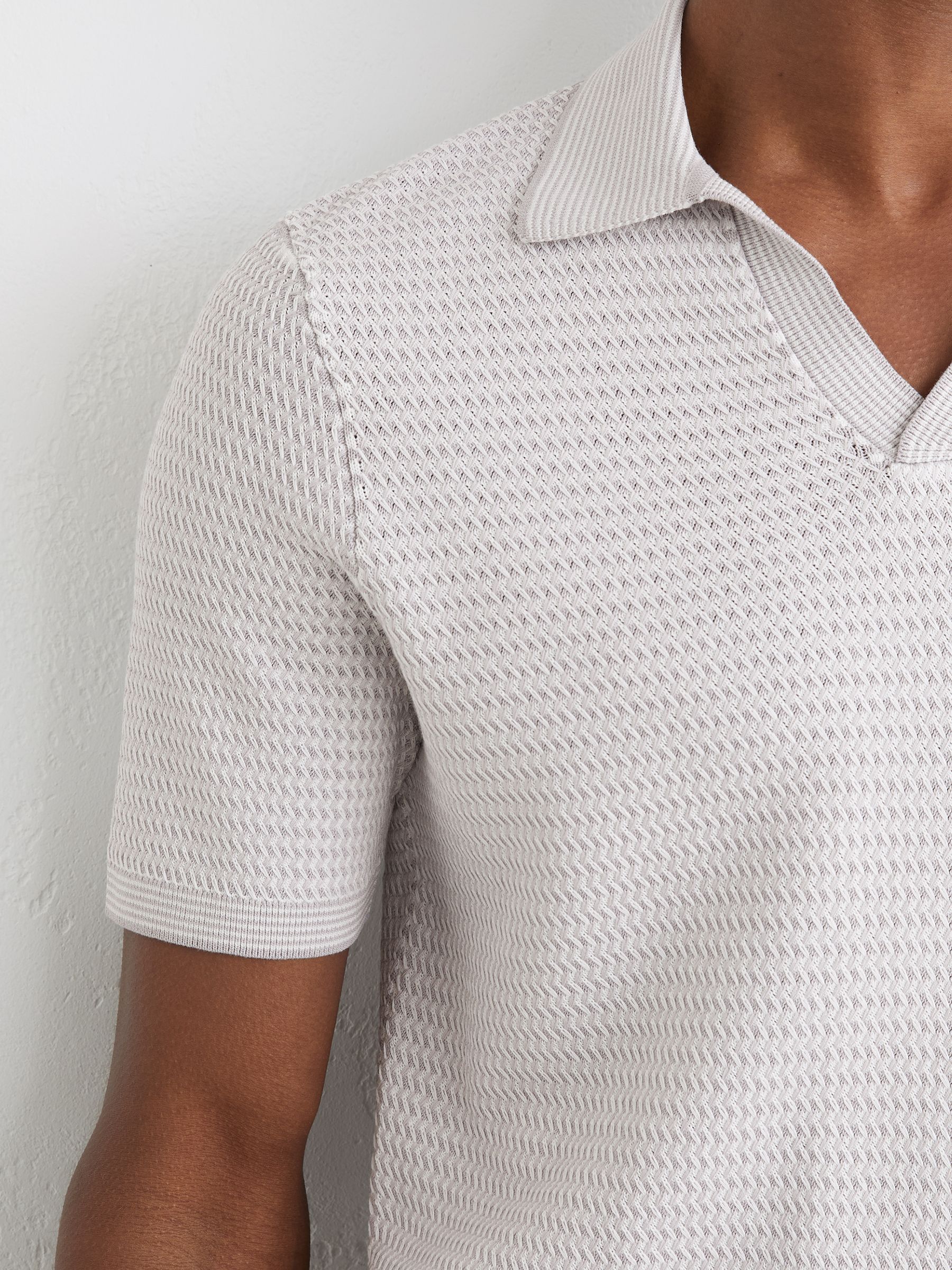 Open-Collar Textured-Knit Polo Shirt in Soft Grey - image 4