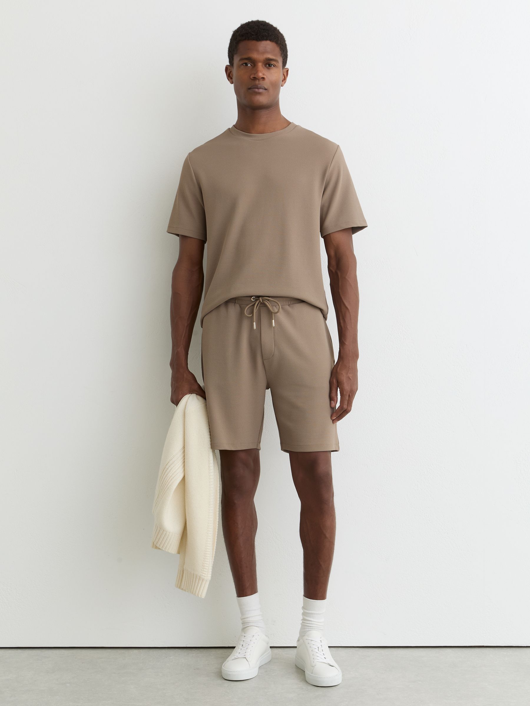 Textured Drawstring Shorts in Camel Brown - Image 1 of 6