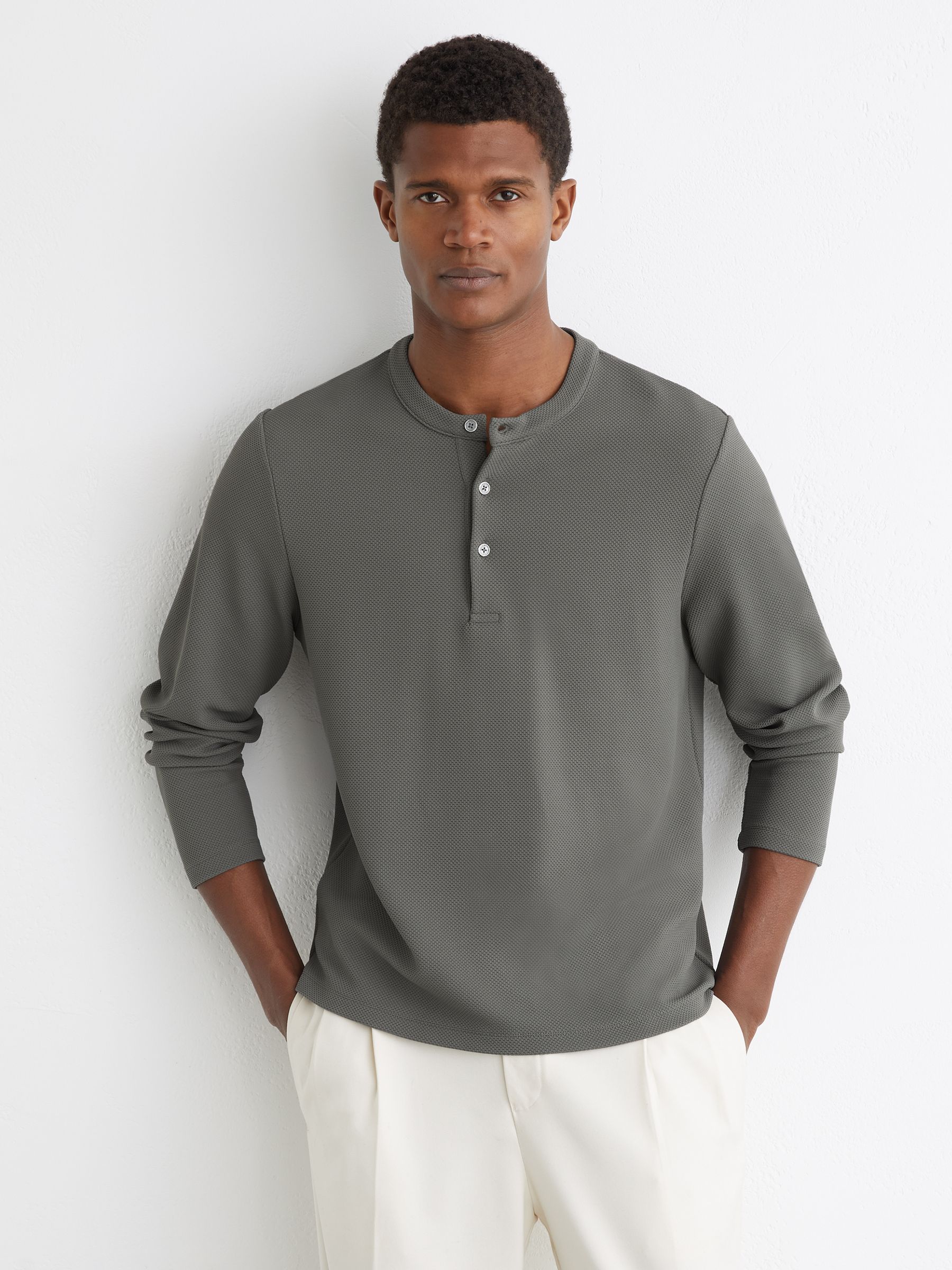 Textured Long-Sleeve Henley Shirt in Sage Green - Image 1 of 6