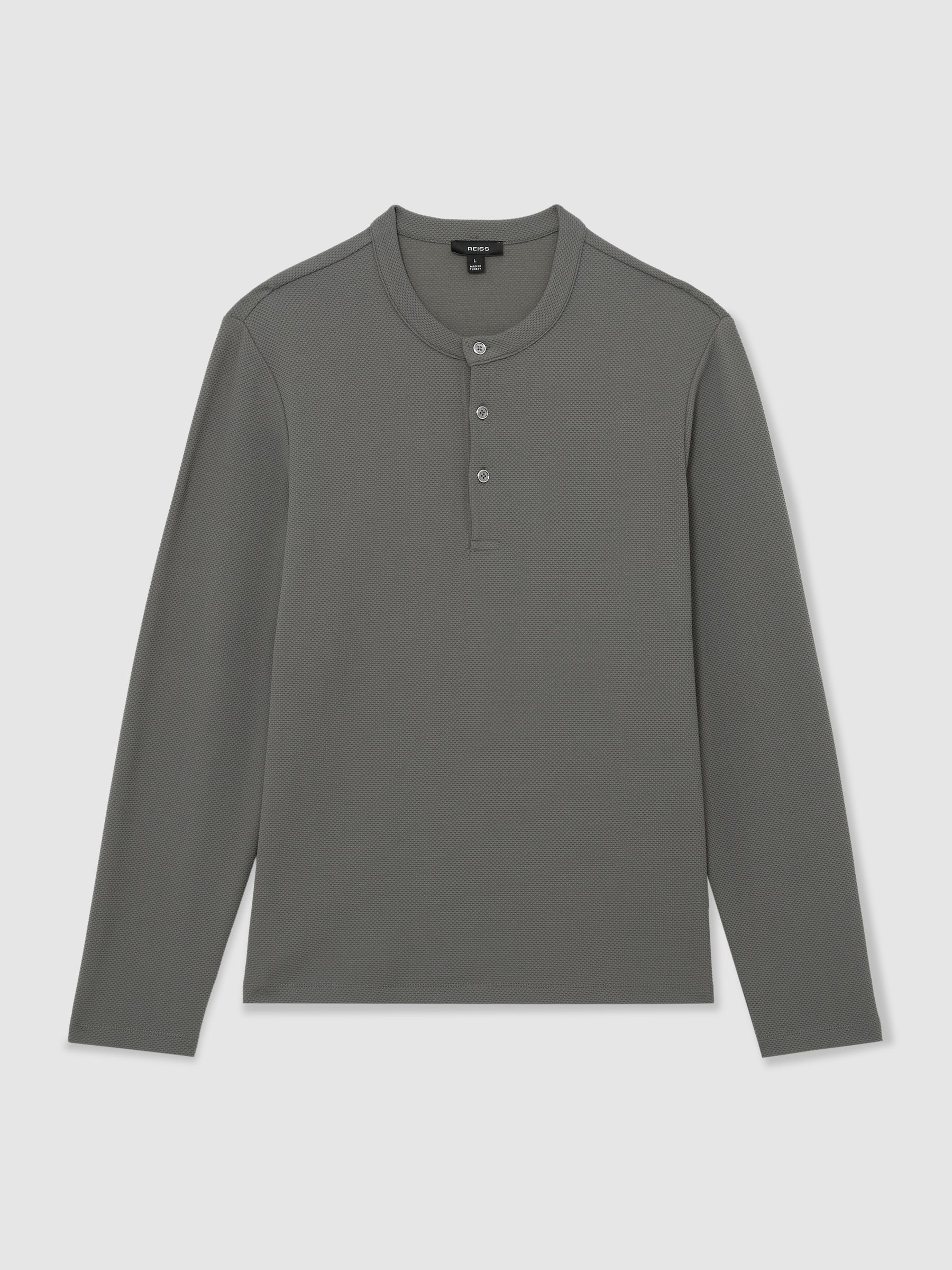 Textured Long-Sleeve Henley Shirt in Sage Green