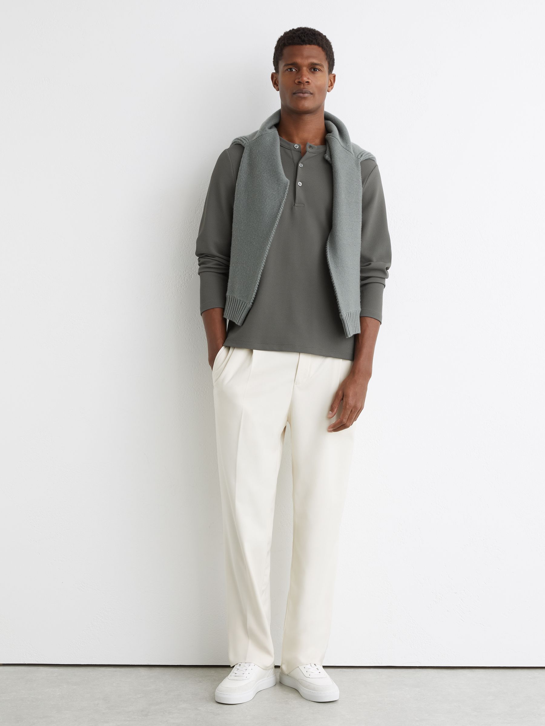 Textured Long-Sleeve Henley Shirt in Sage Green - image 5