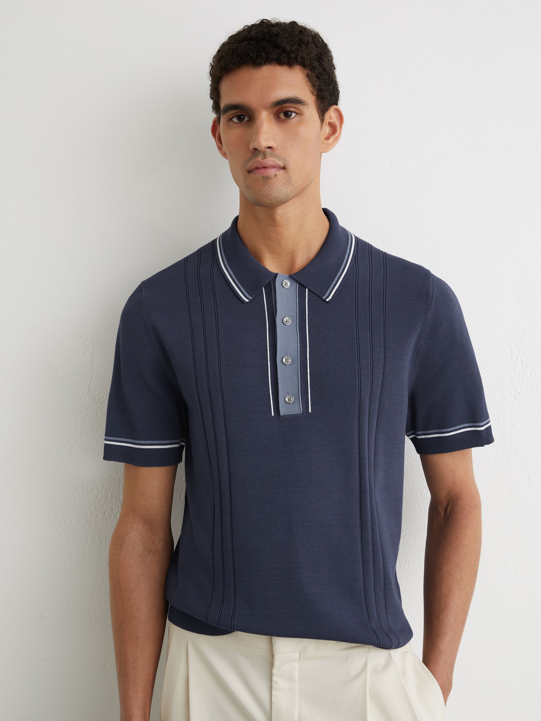 Tipped Half-Button Knitted Polo Shirt in Navy - Image 1 of 6
