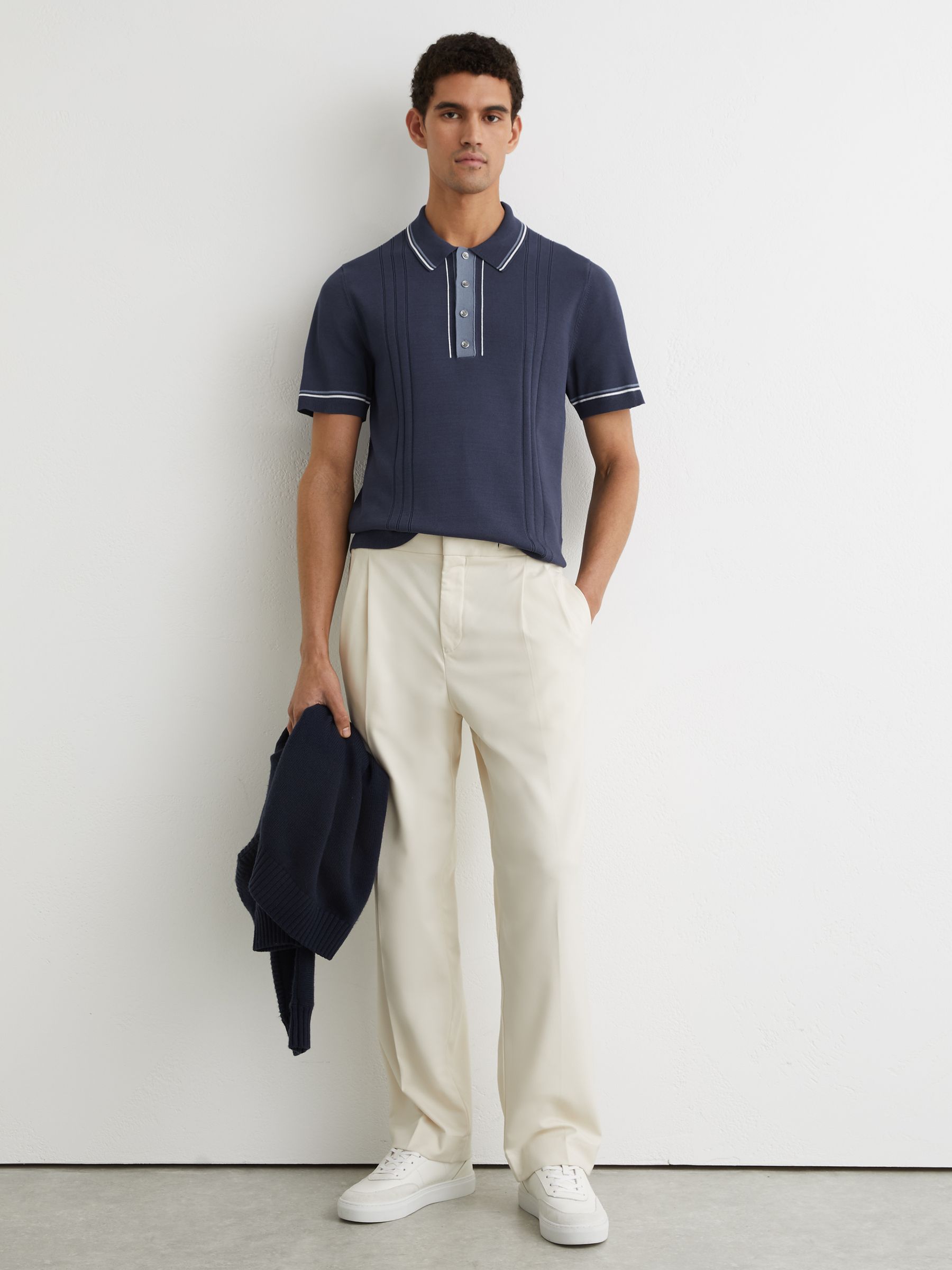 Tipped Half-Button Knitted Polo Shirt in Navy - Image 4 of 6