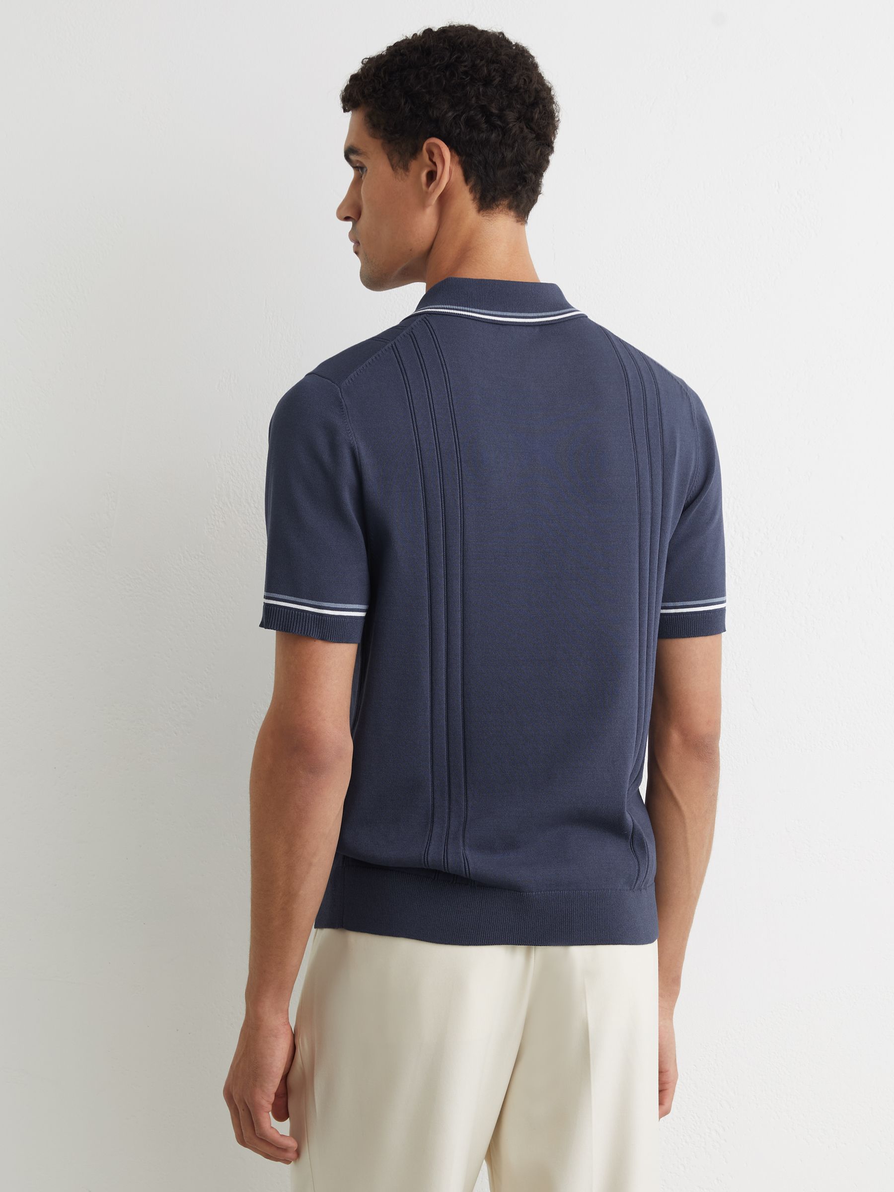 Tipped Half-Button Knitted Polo Shirt in Navy - Image 5 of 6